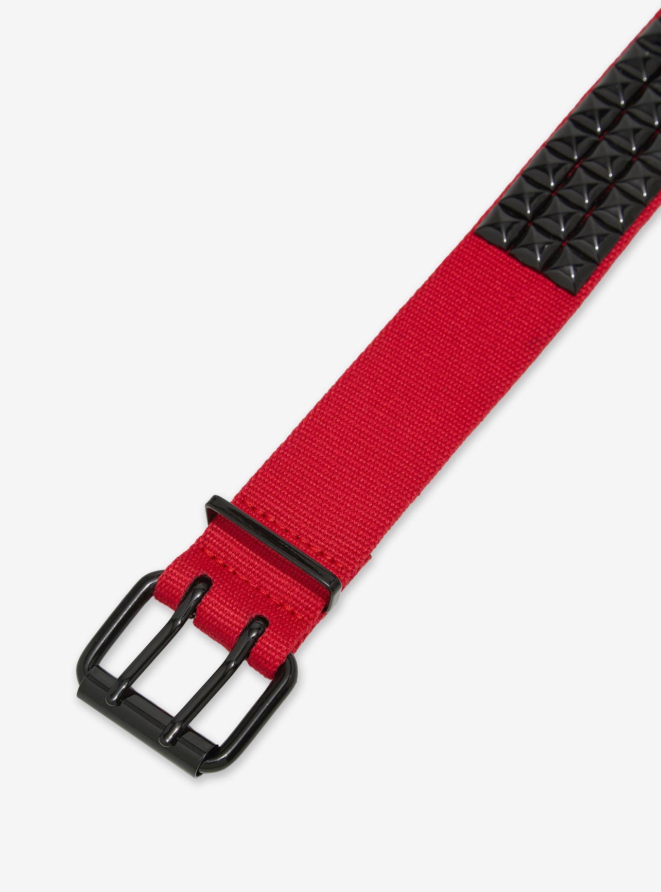 Red & Black Canvas Three Row Pyramid Stud Belt, , hi-res