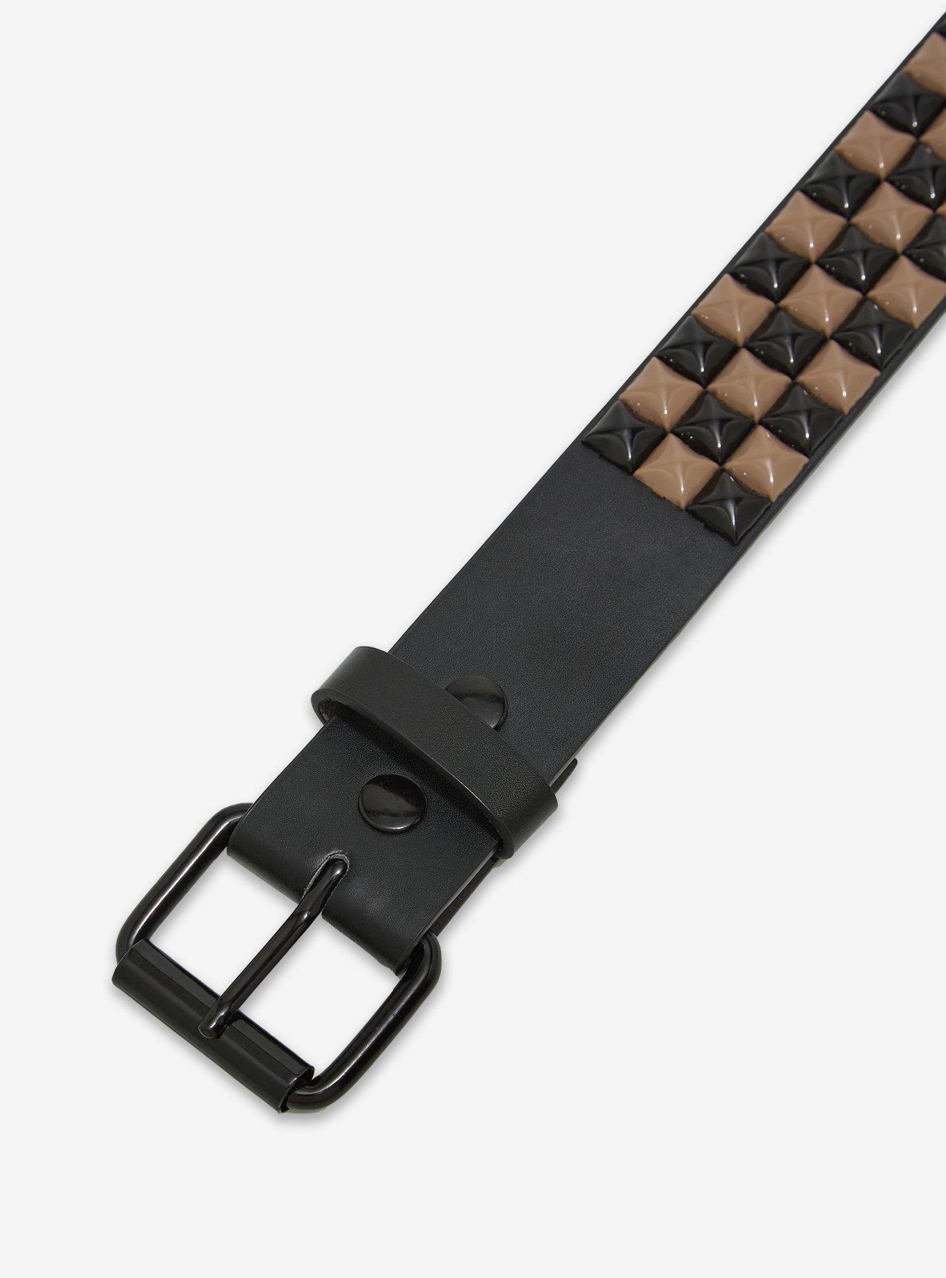 Black & Taupe Three Row Pyramid Stud Belt, , hi-res