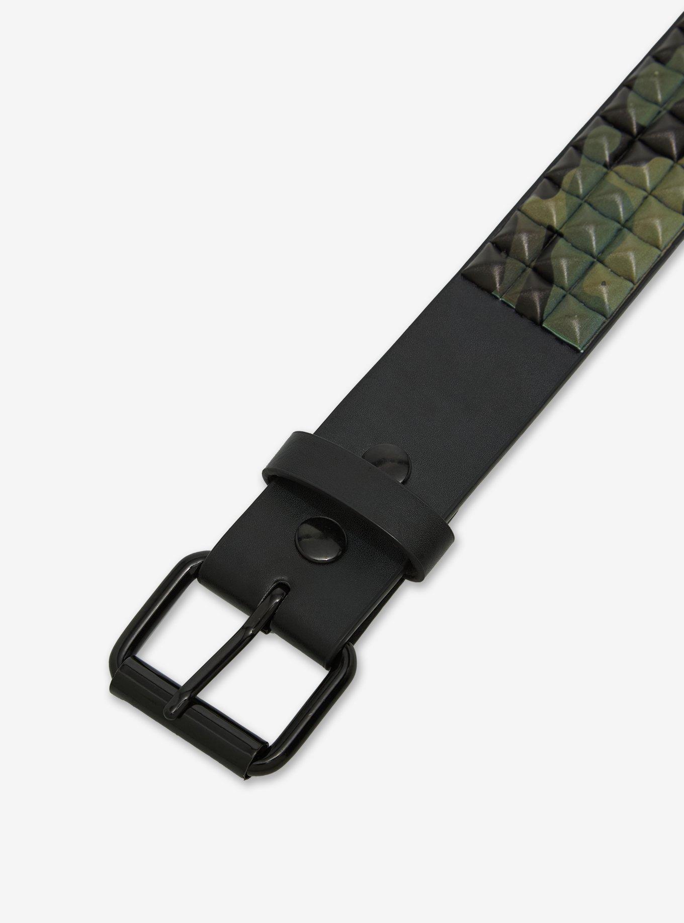 Black & Green Camouflage Three Row Pyramid Stud Belt, , hi-res