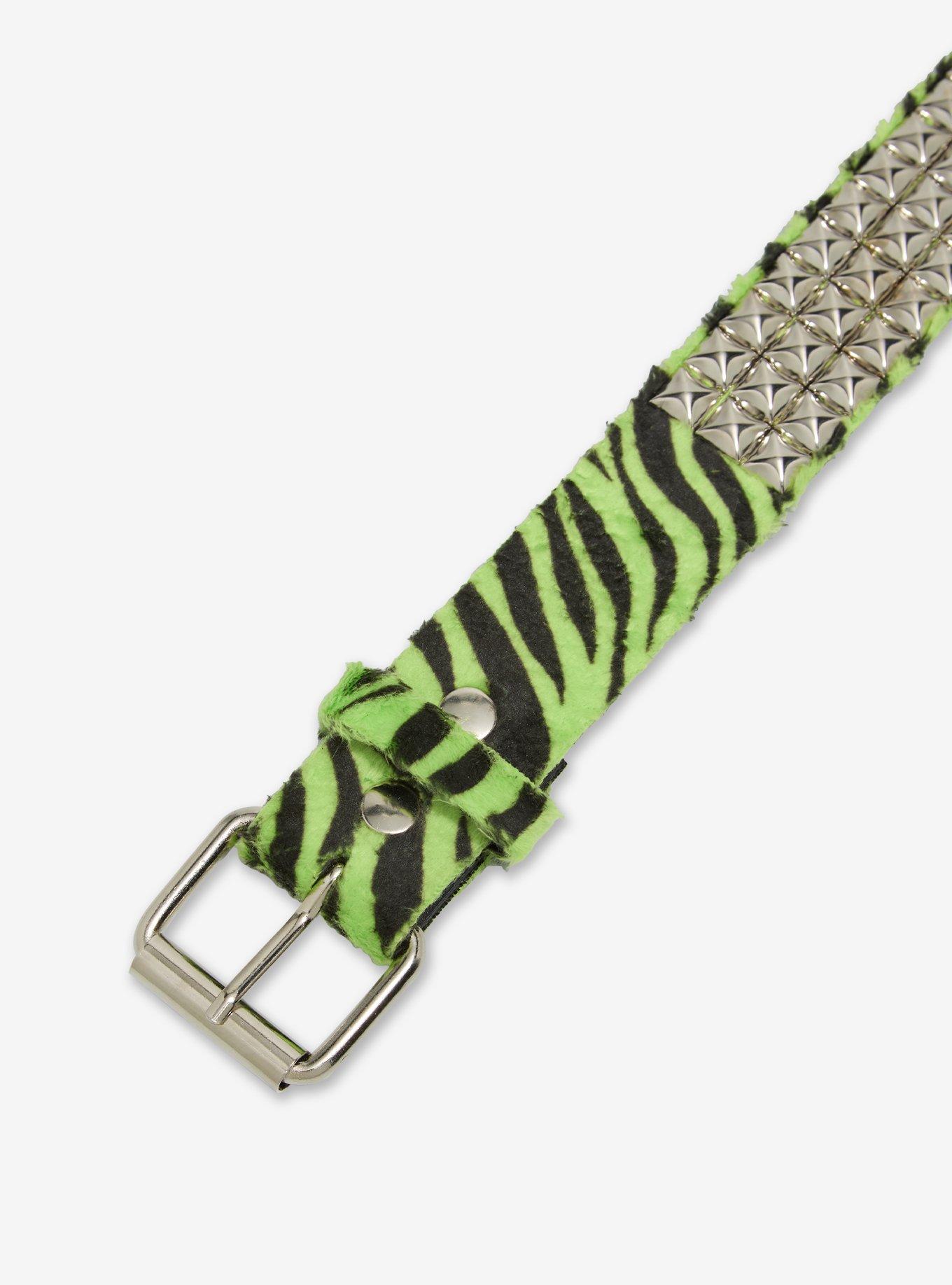 Neon Green Zebra Fuzzy Three Row Pyramid Stud Belt, , hi-res