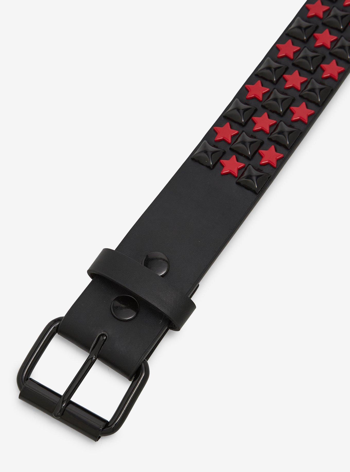 Black & Red Star Three Row Pyramid Stud Belt, , hi-res
