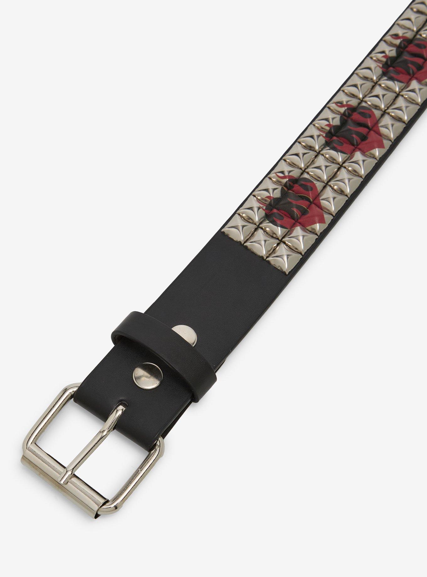 Black & Silver Flaming Hearts Three Row Pyramid Stud Belt, , hi-res