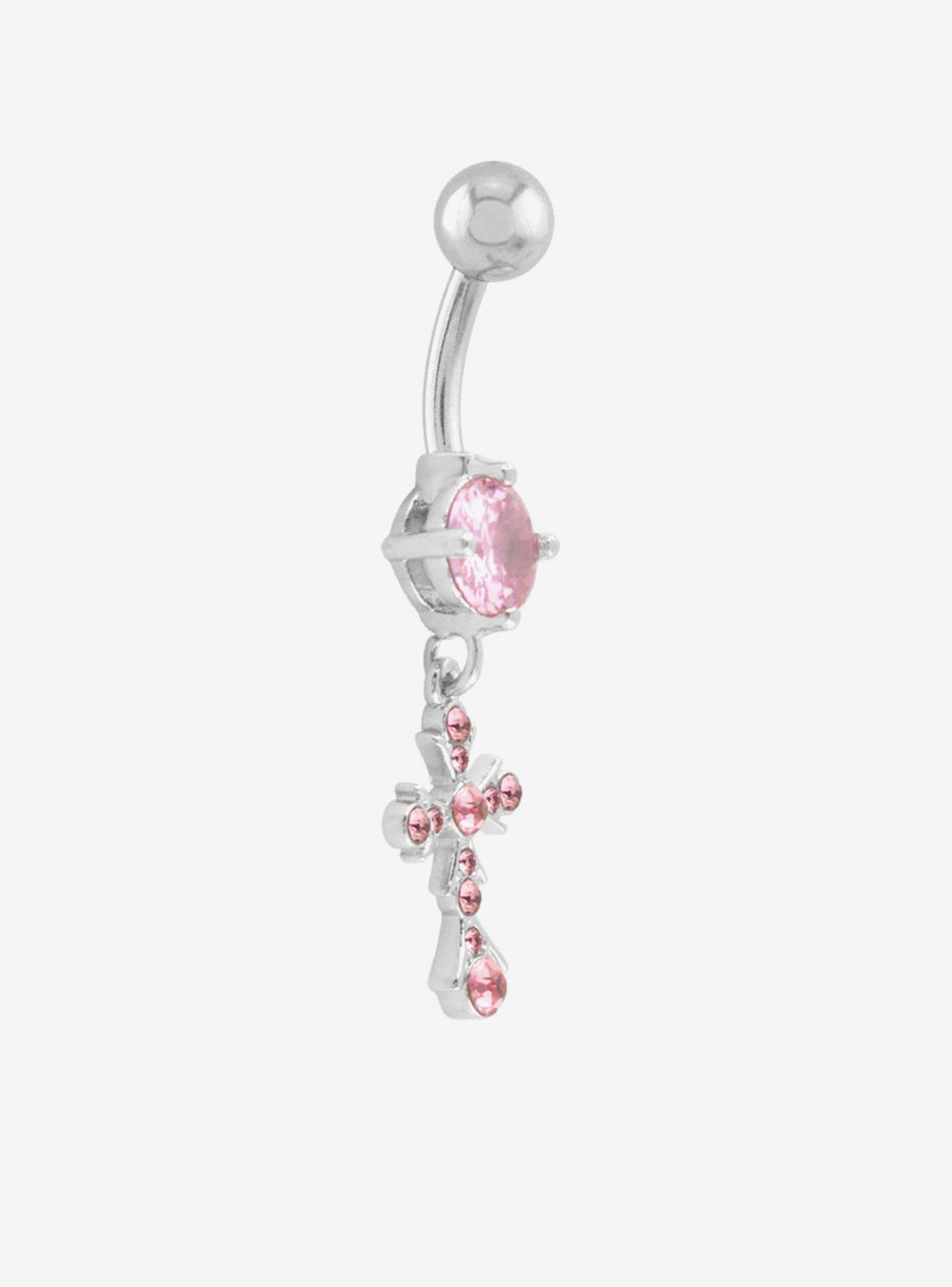 Titanium Pink Bling Cross Navel Barbell, , hi-res