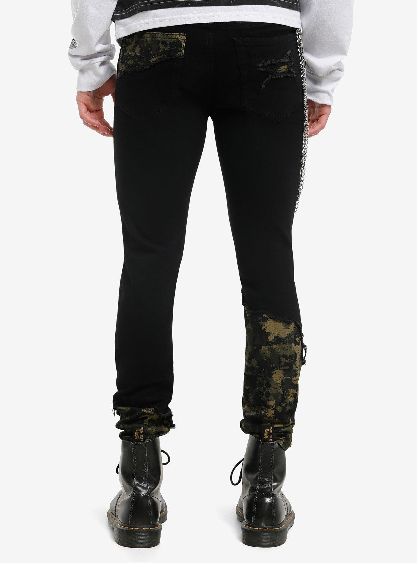 Black & Green Camouflage Side Chain Stinger Jeans, , hi-res