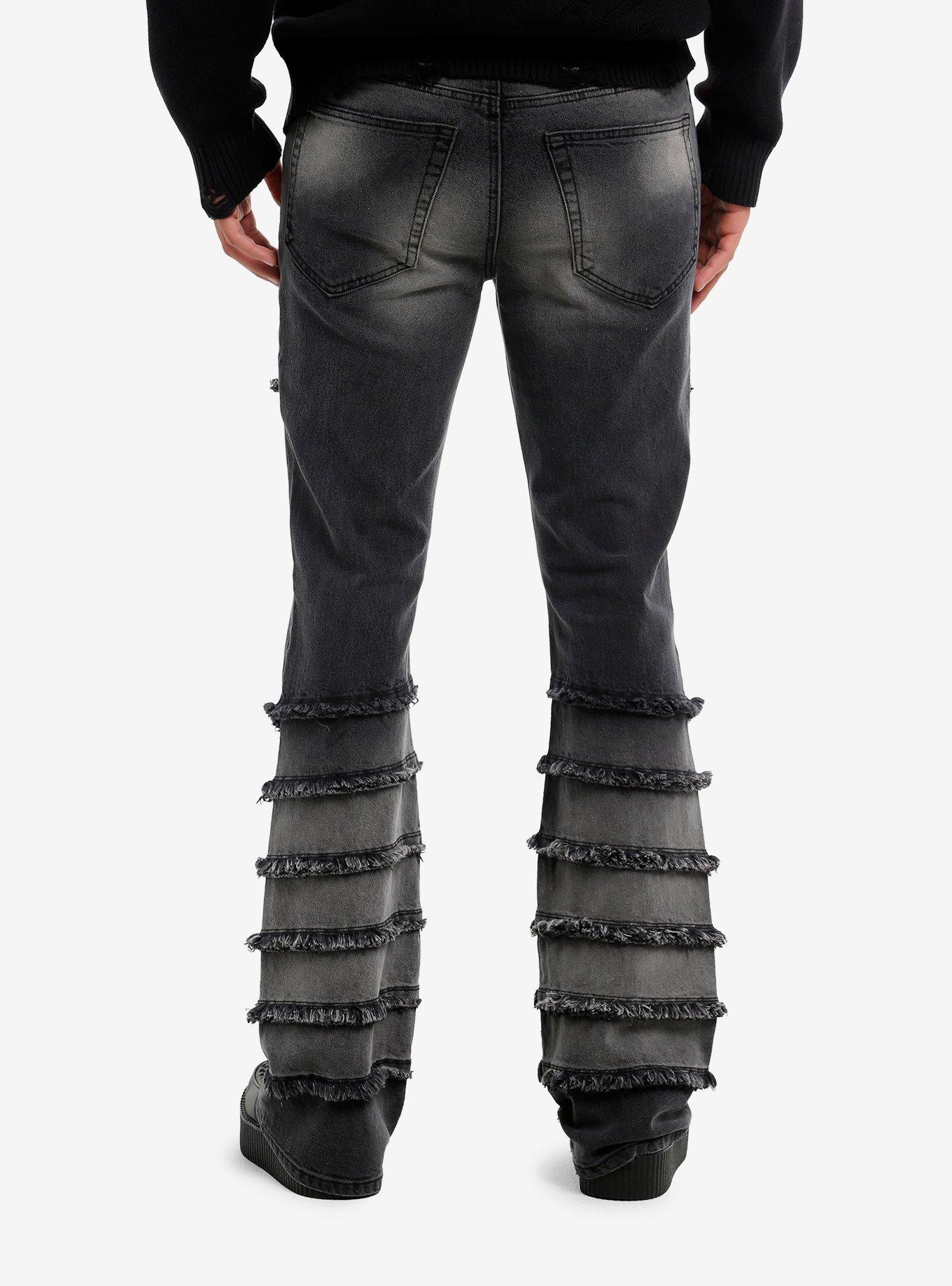 Faded Black Frayed & Studded Wide Flare Jeans, , hi-res