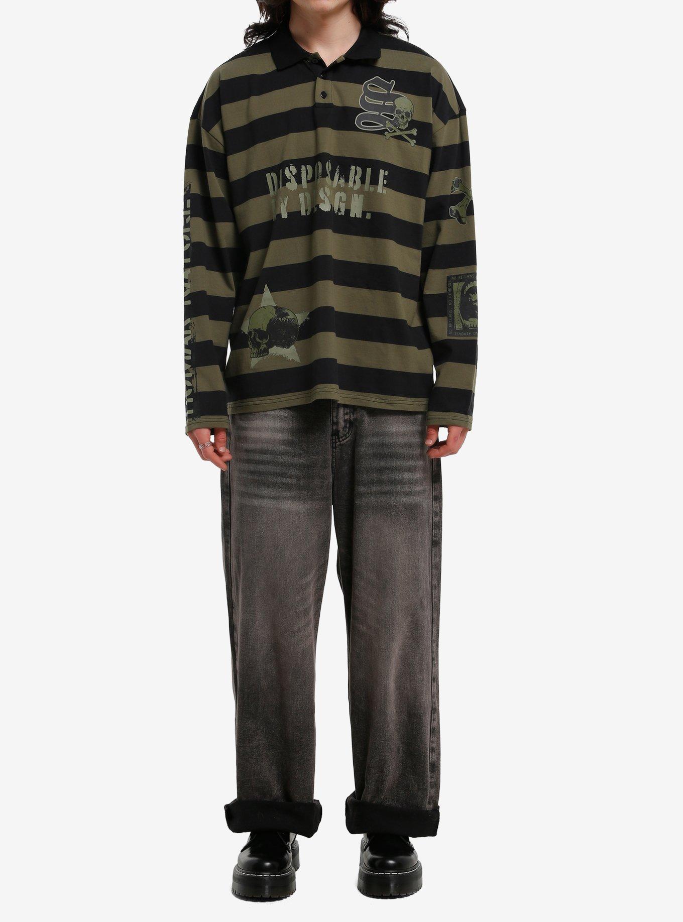 Black & Army Green Stripe Long-Sleeve Polo Shirt, , hi-res