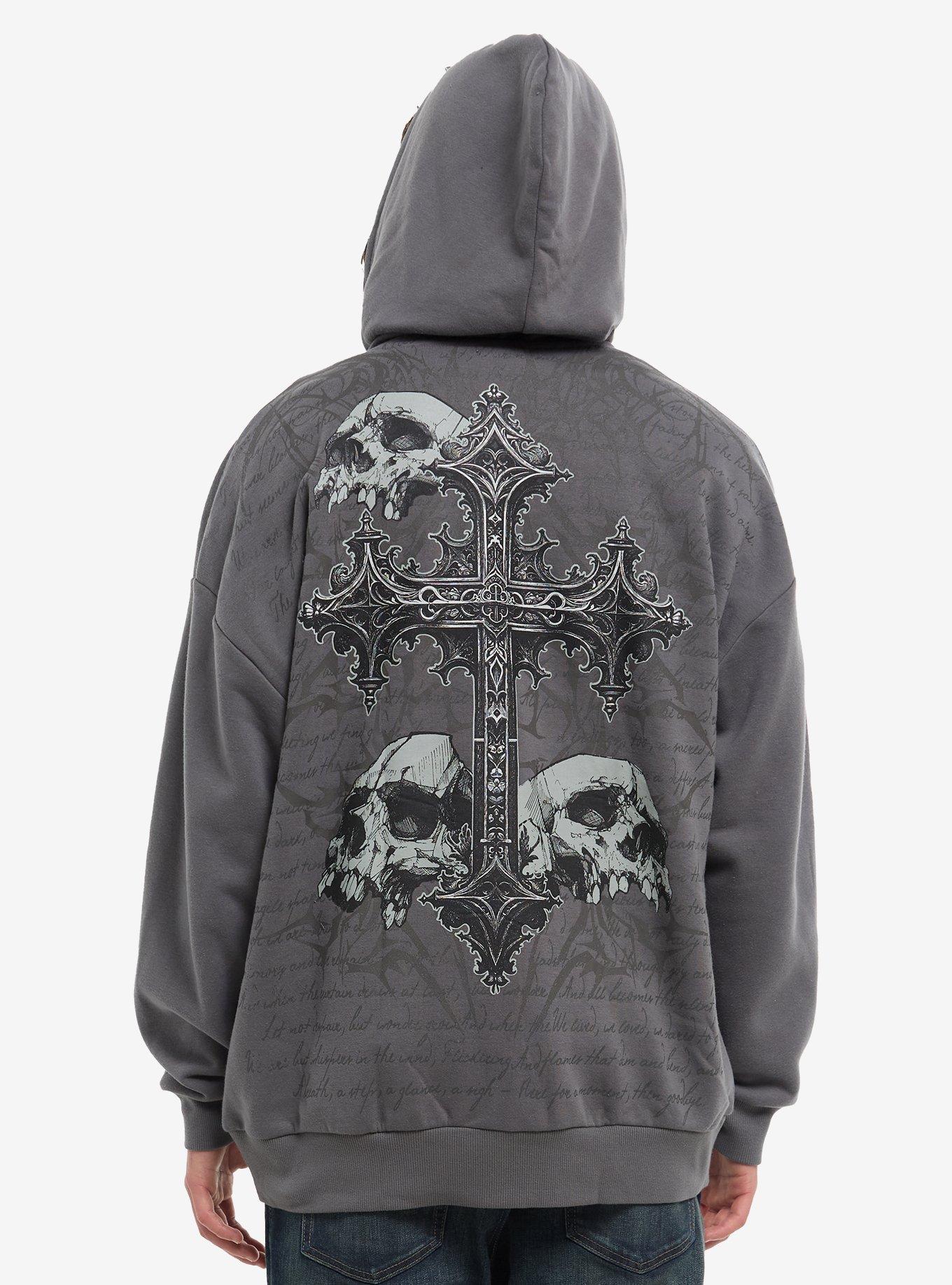 Skull & Gothic Cross Grey Hoodie, GREY, alternate