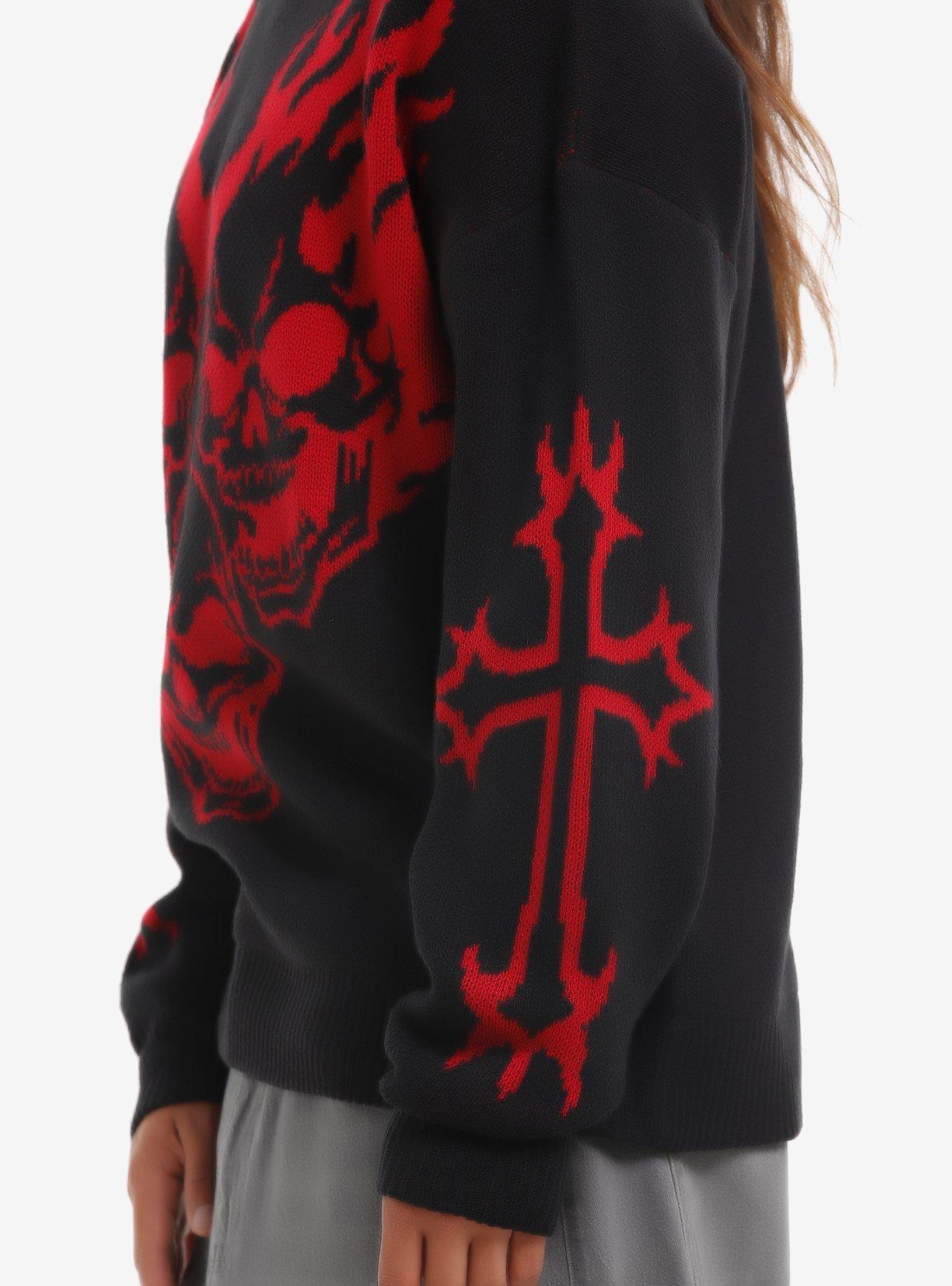 Flaming Skulls Intarsia Sweater, RED, alternate