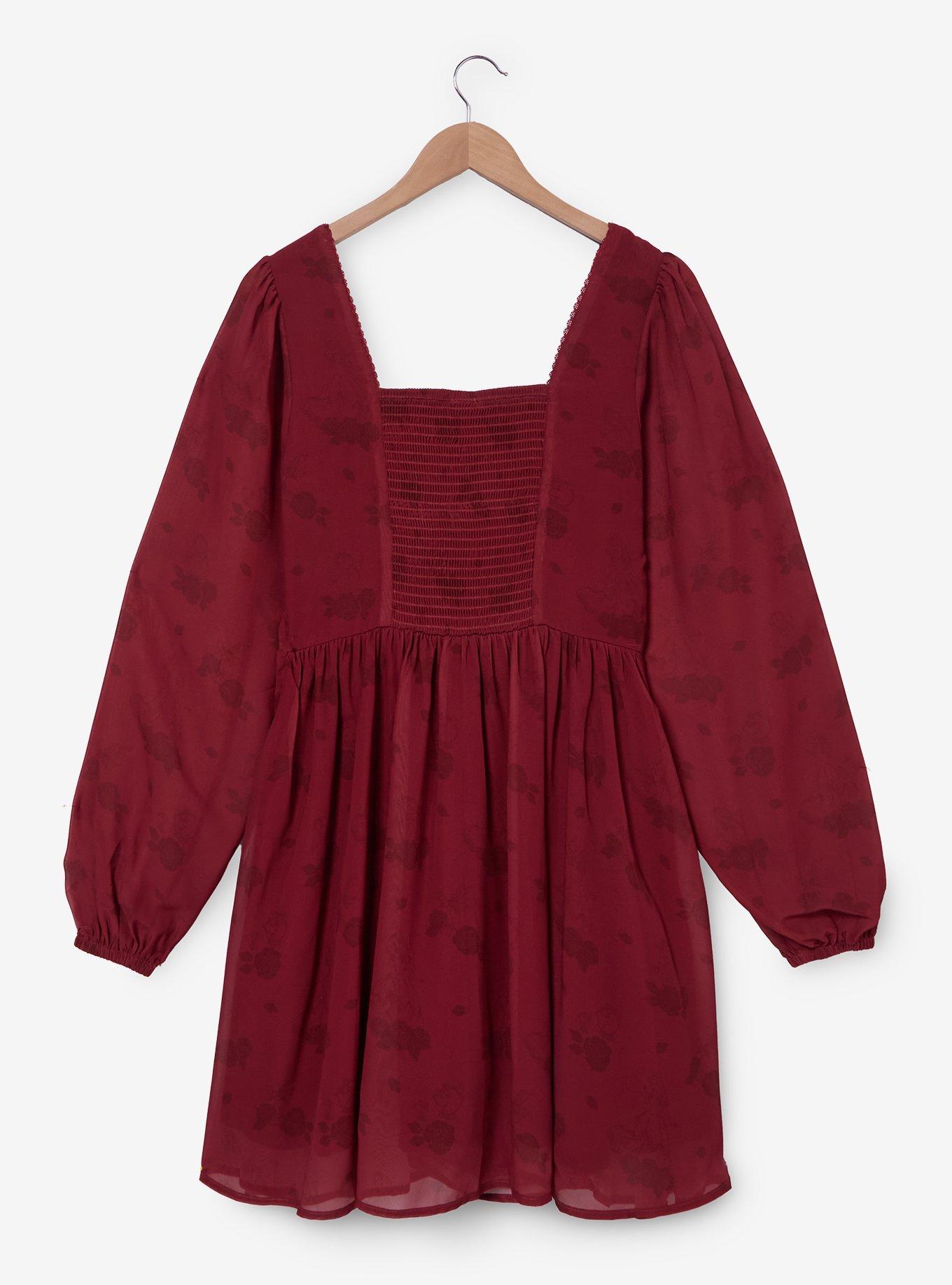 Disney Beauty and the Beast Floral Characters Allover Print Smock Dress, BURGUNDY, alternate - view 3