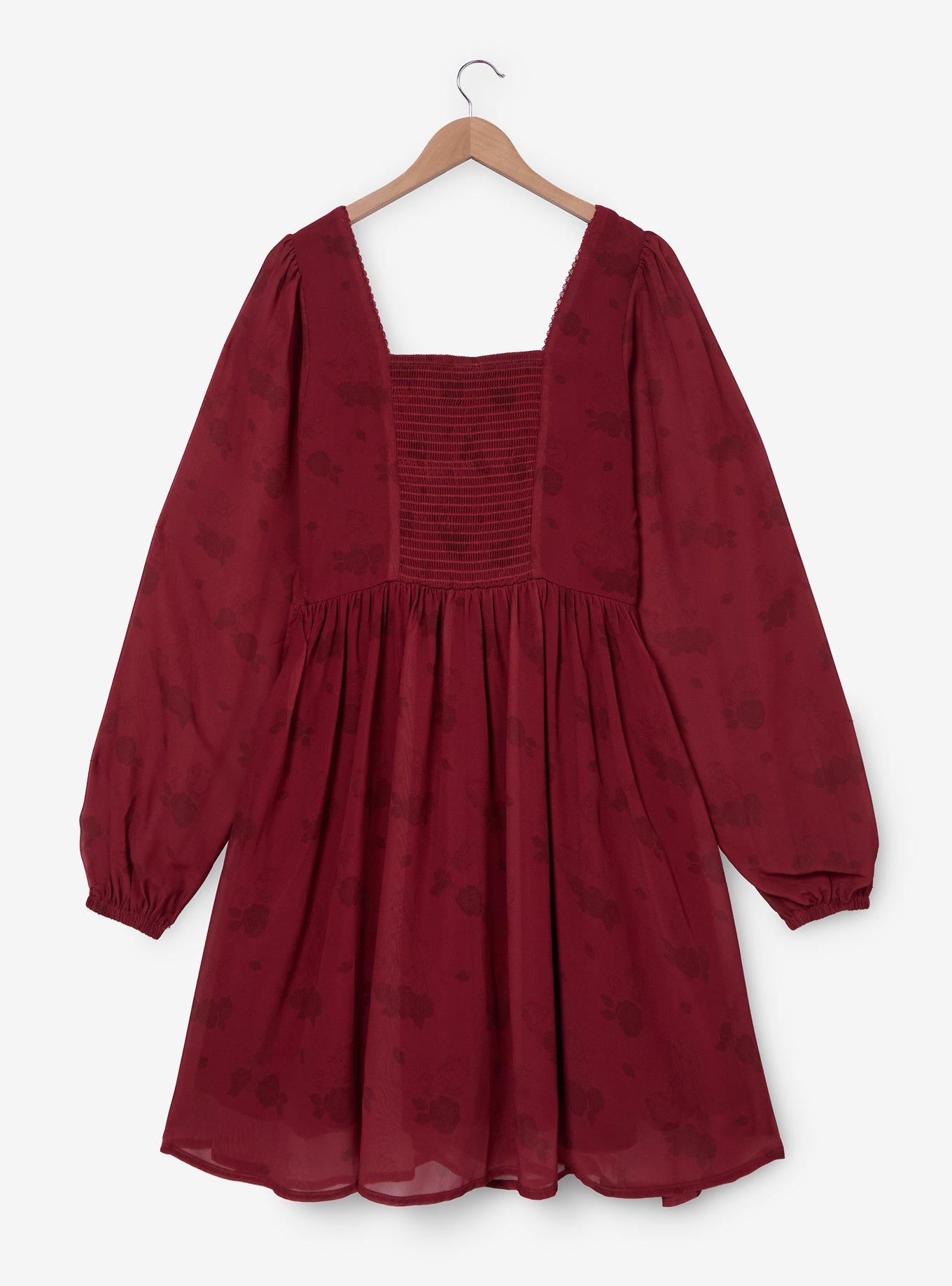 Disney Beauty and the Beast Floral Characters Allover Print Smock Dress Plus Size, BURGUNDY, alternate - view 3