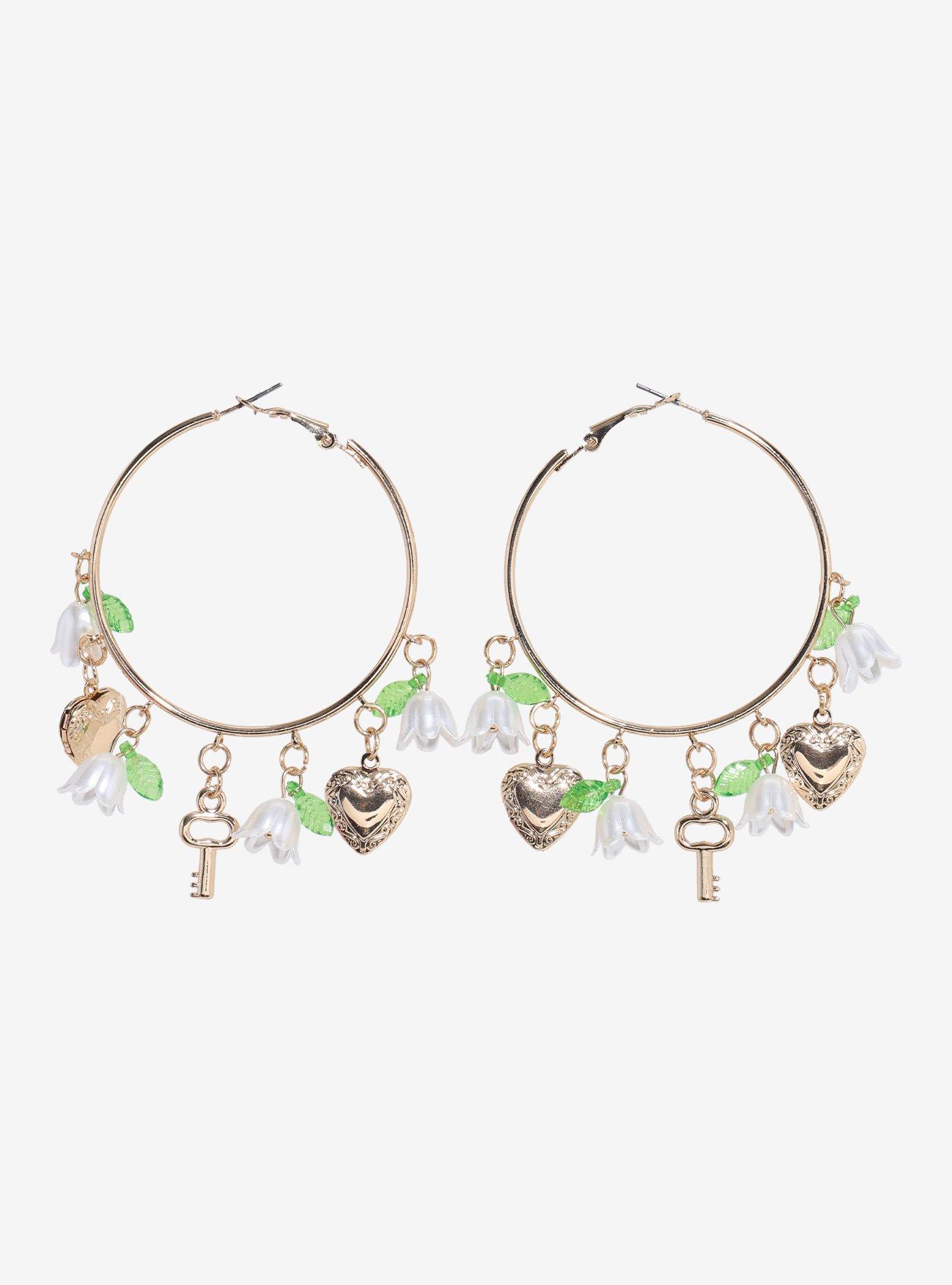 Thorn & Fable Floral Heart Key Hoop Earrings, , hi-res