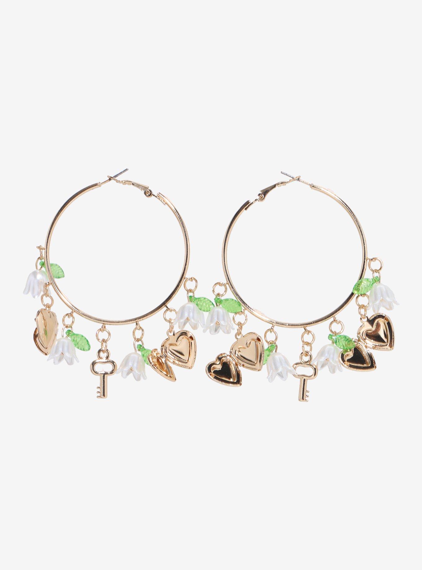Thorn & Fable Floral Heart Key Hoop Earrings, , alternate