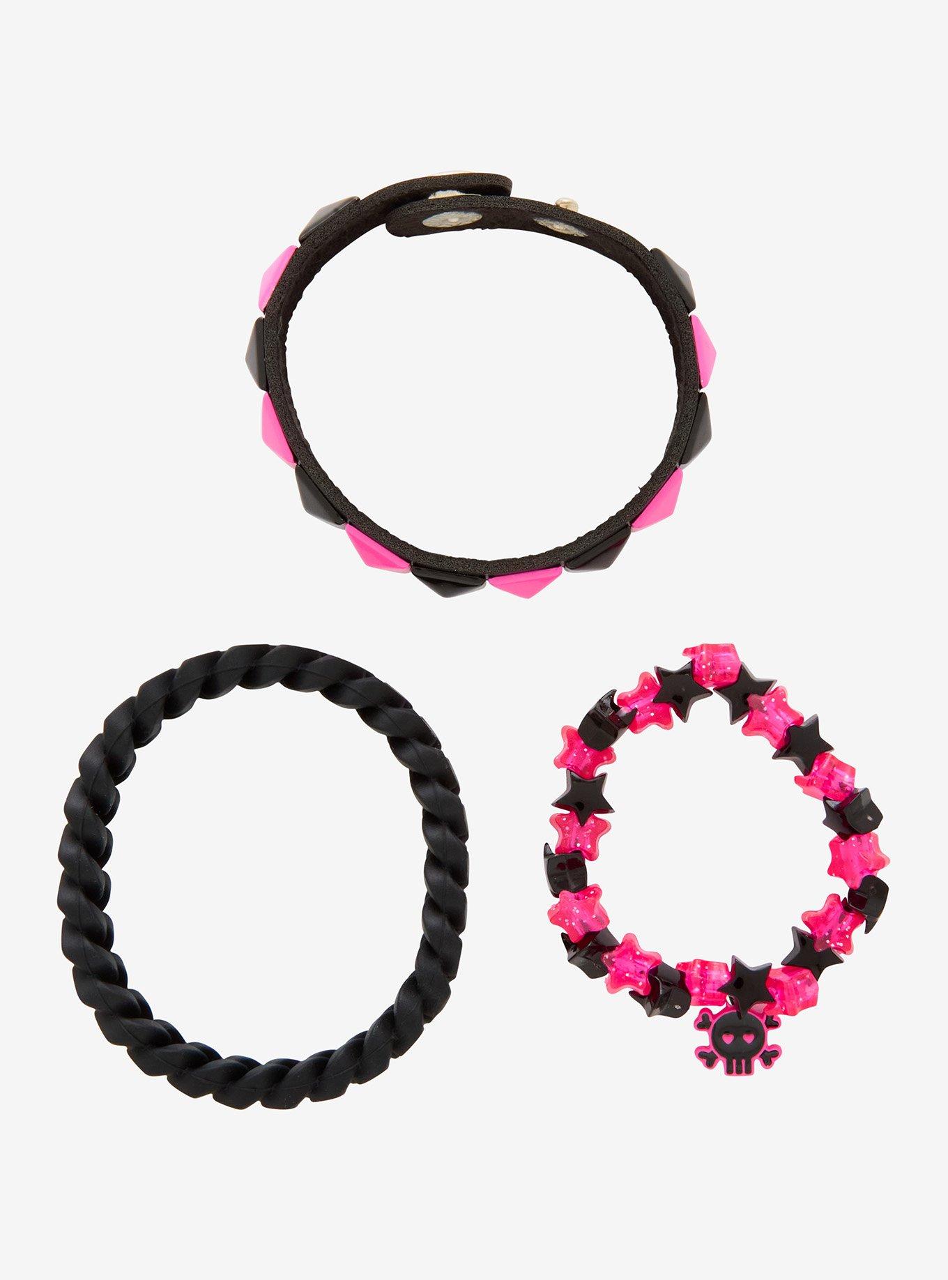 Pink & Black Star Skull Pyramid Stud Bracelet Set, , hi-res