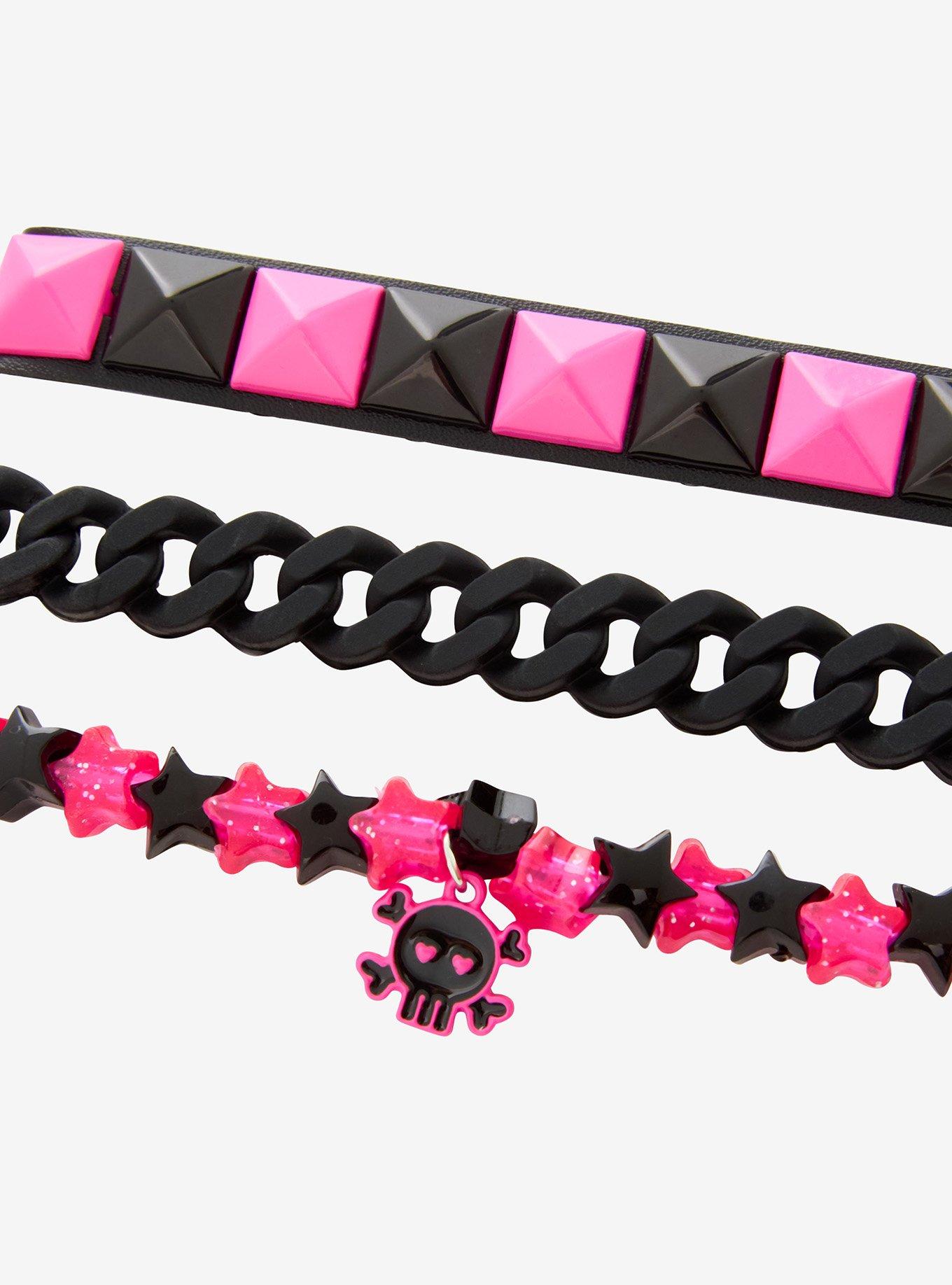 Pink & Black Star Skull Pyramid Stud Bracelet Set, , alternate
