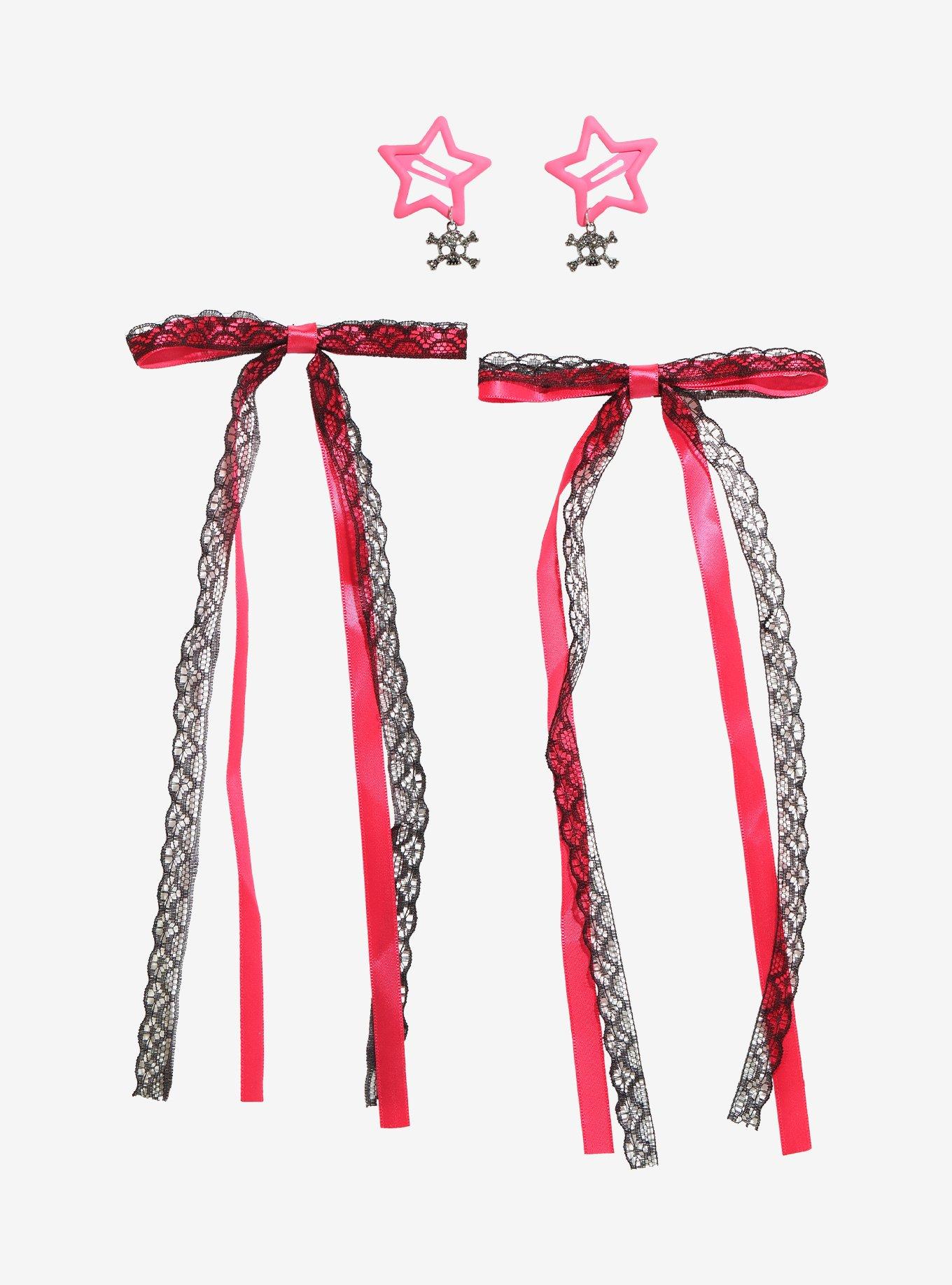 Neon Pink Punk Star Bow Hair Clip Set, , hi-res