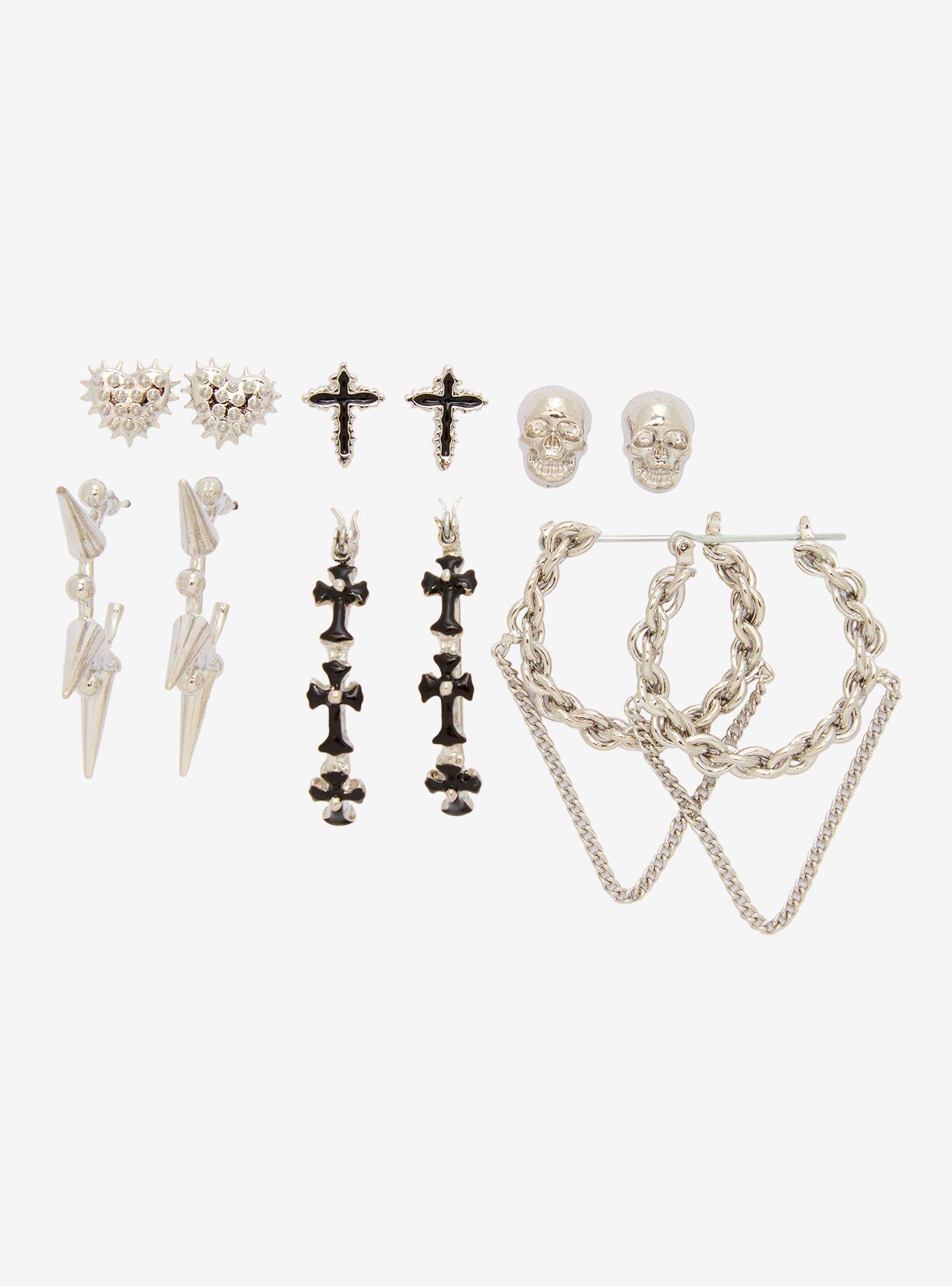 Skull Cross Stud & Hoop Earring Set, , hi-res