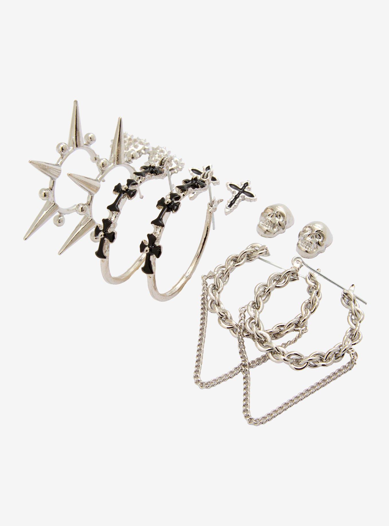 Skull Cross Stud & Hoop Earring Set, , alternate
