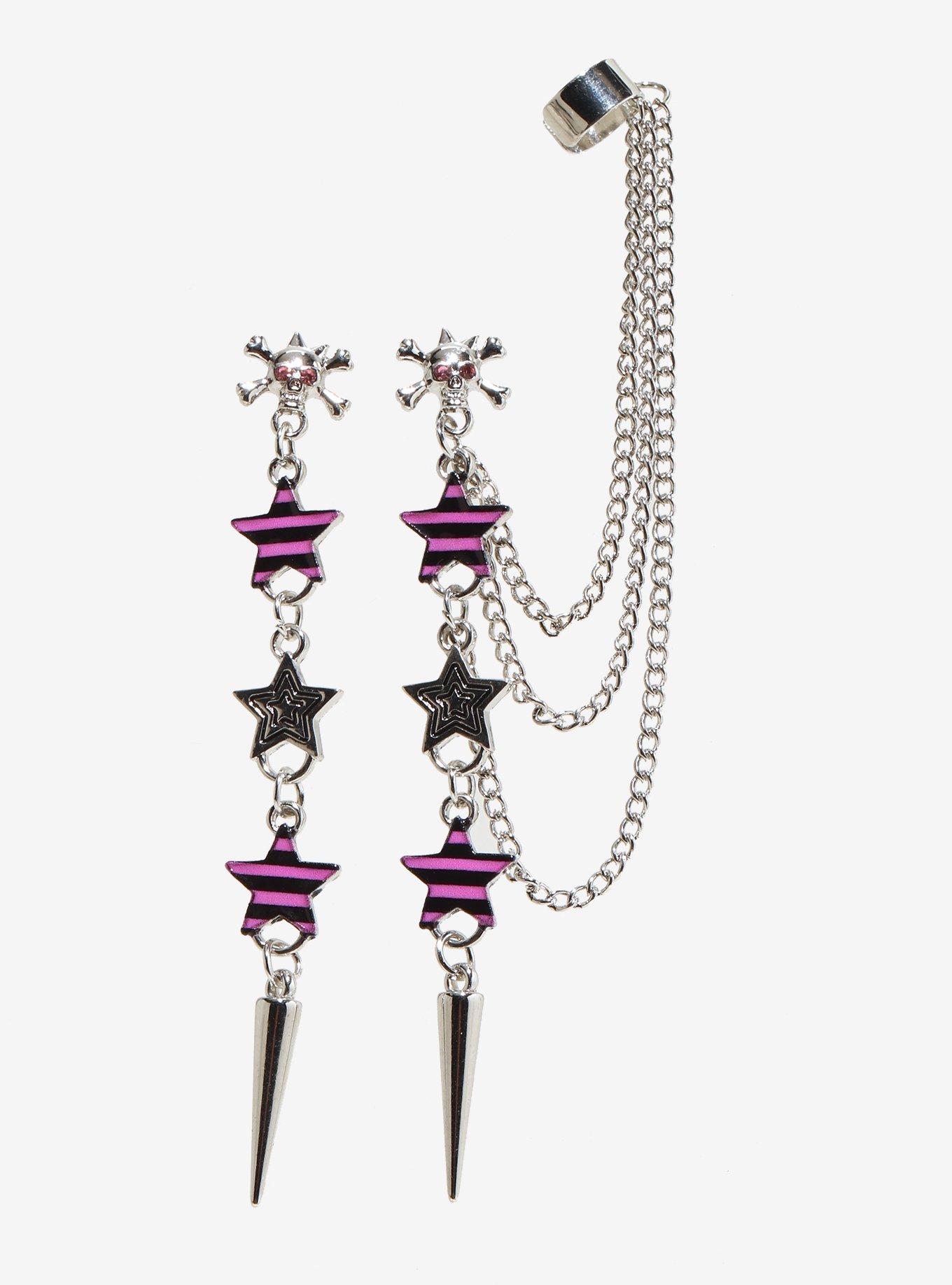 Pink & Black Stripe Star Skull Drop Earrings, , hi-res