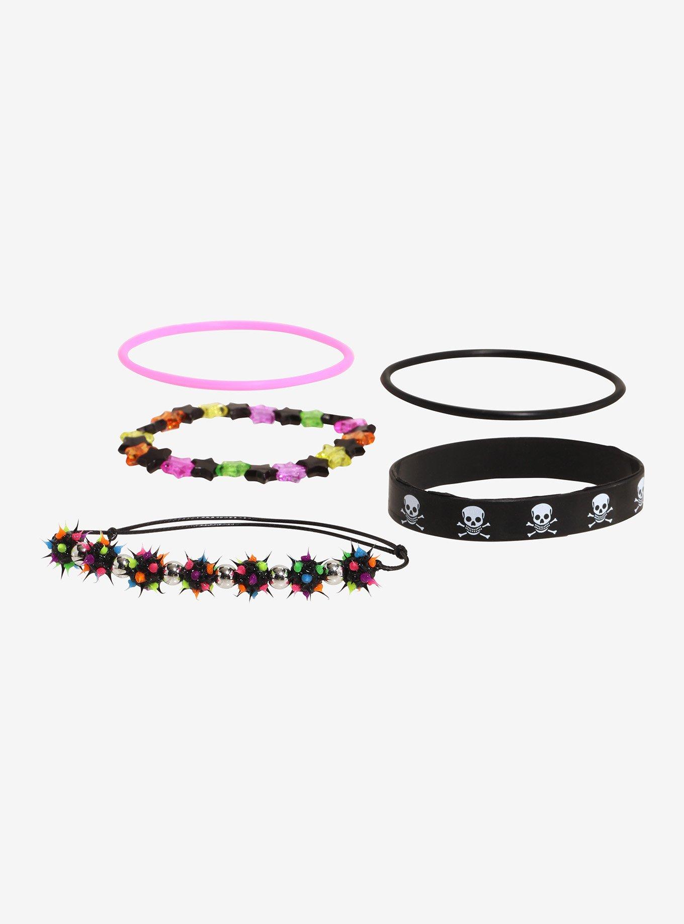 Multicolored Spike Ball Skull Star Bracelet Set, , hi-res