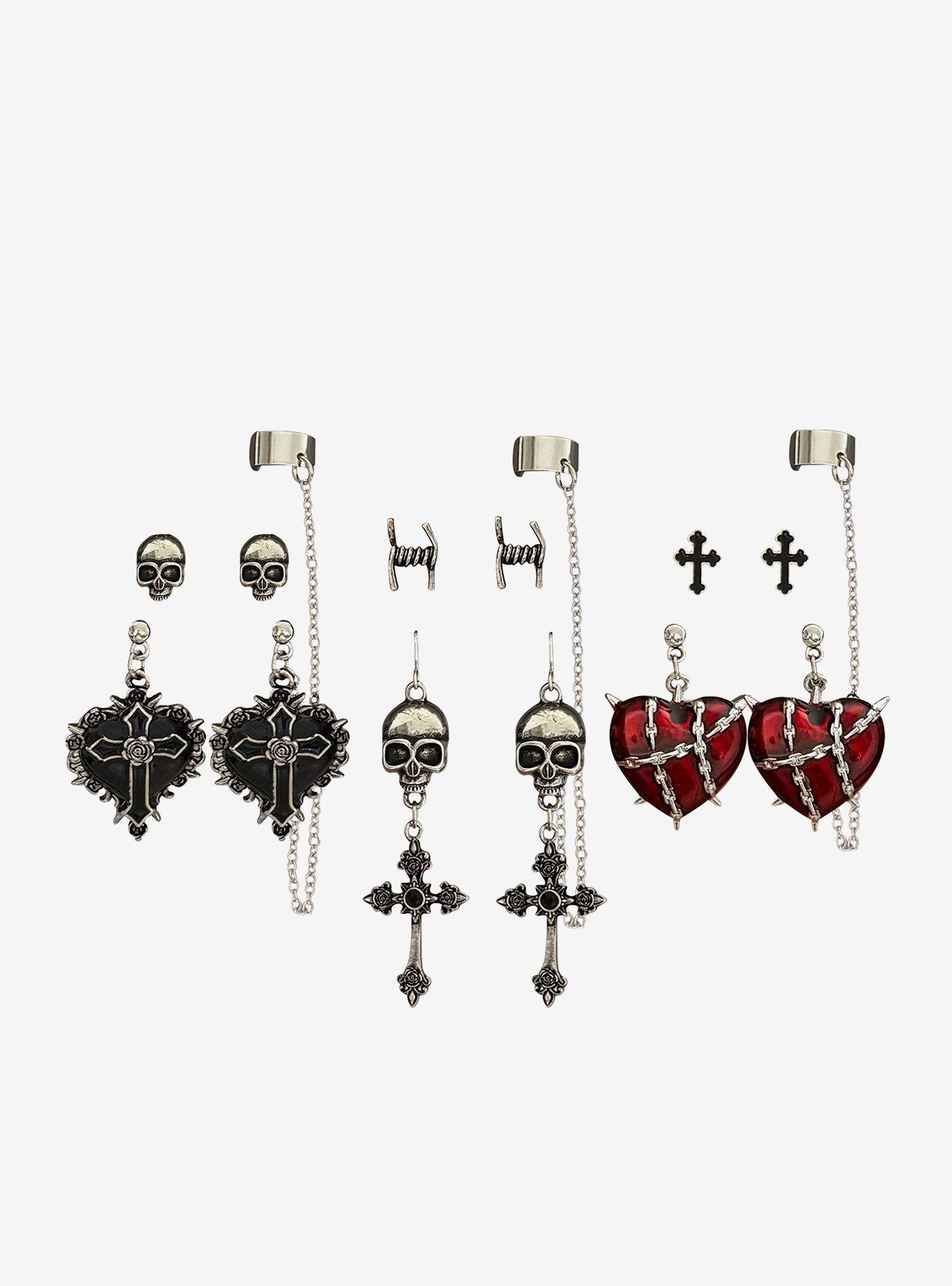 Social Collision Gothic Cross & Spiked Heart Stud & Cuff Earring Set, , hi-res