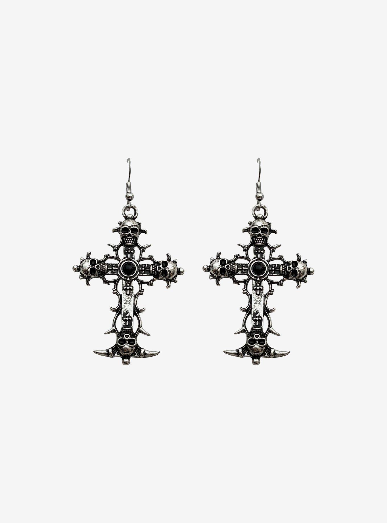 Skull Cross Drop Earrings, , hi-res