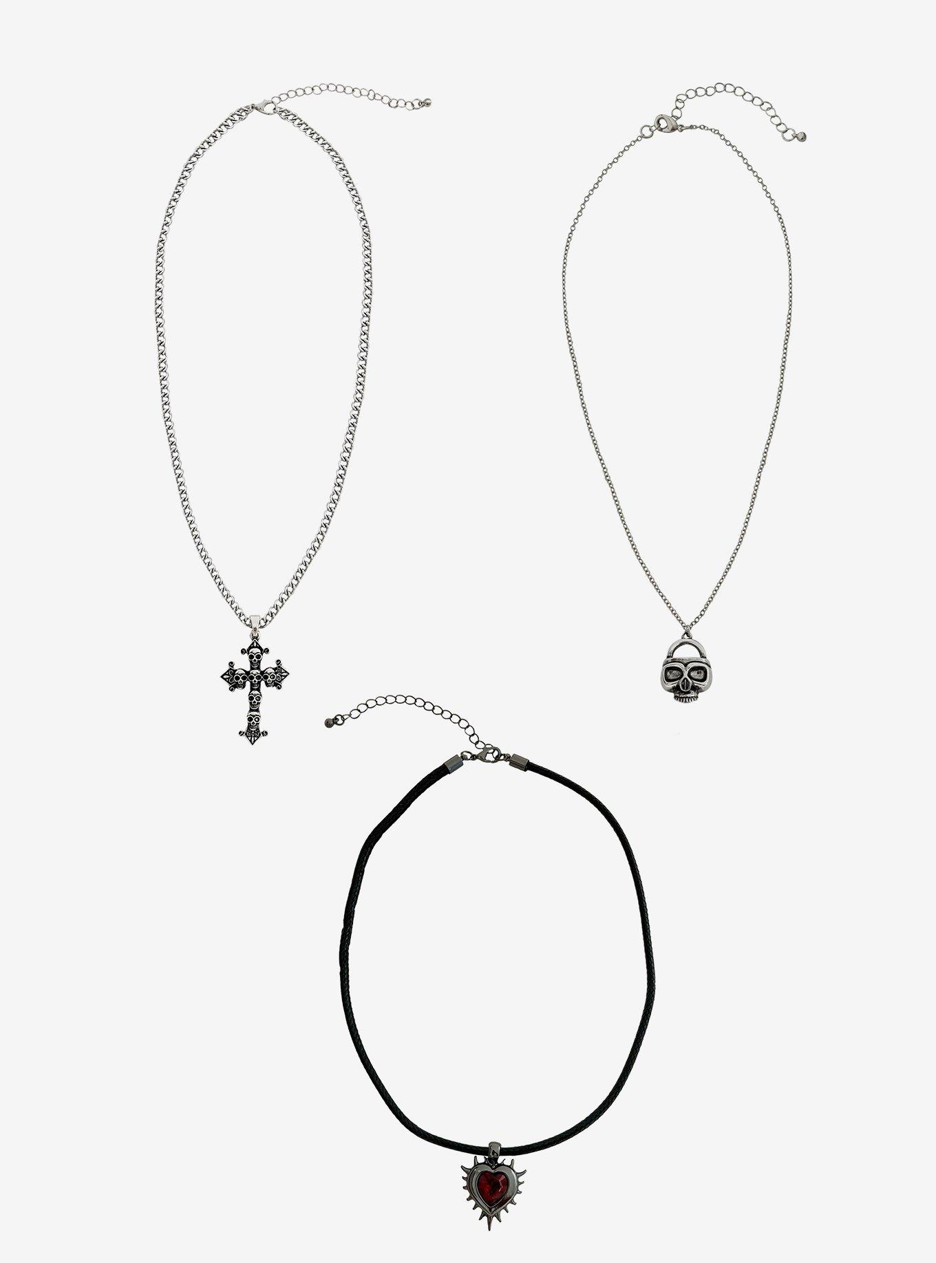 Skull Cross Spiked Heart Necklace Set, , hi-res