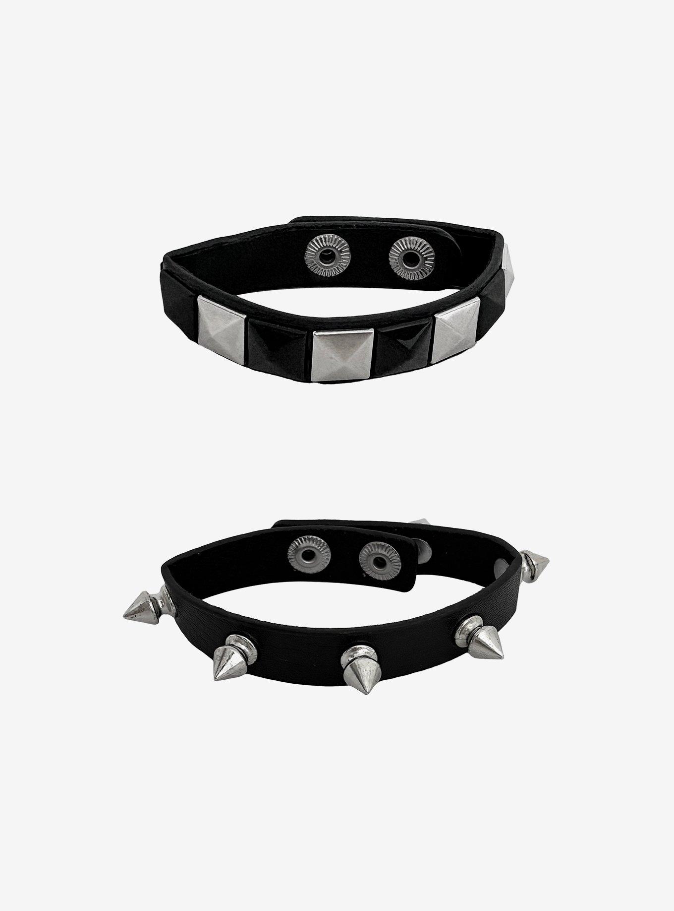 Black & Silver Spike & Stud Cuff Bracelet Set, , hi-res
