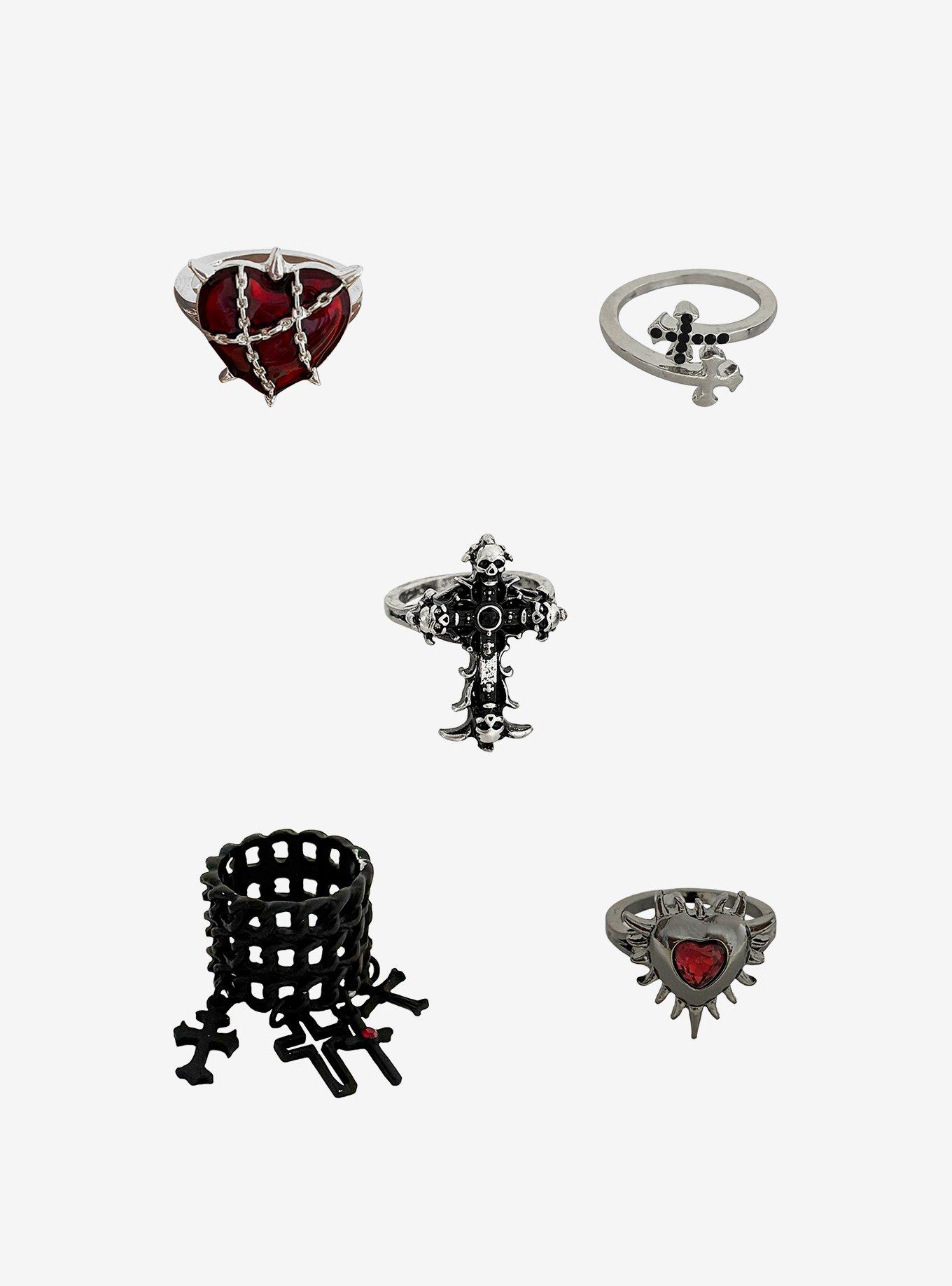 Spiked Heart & Cross Ring Set, , hi-res
