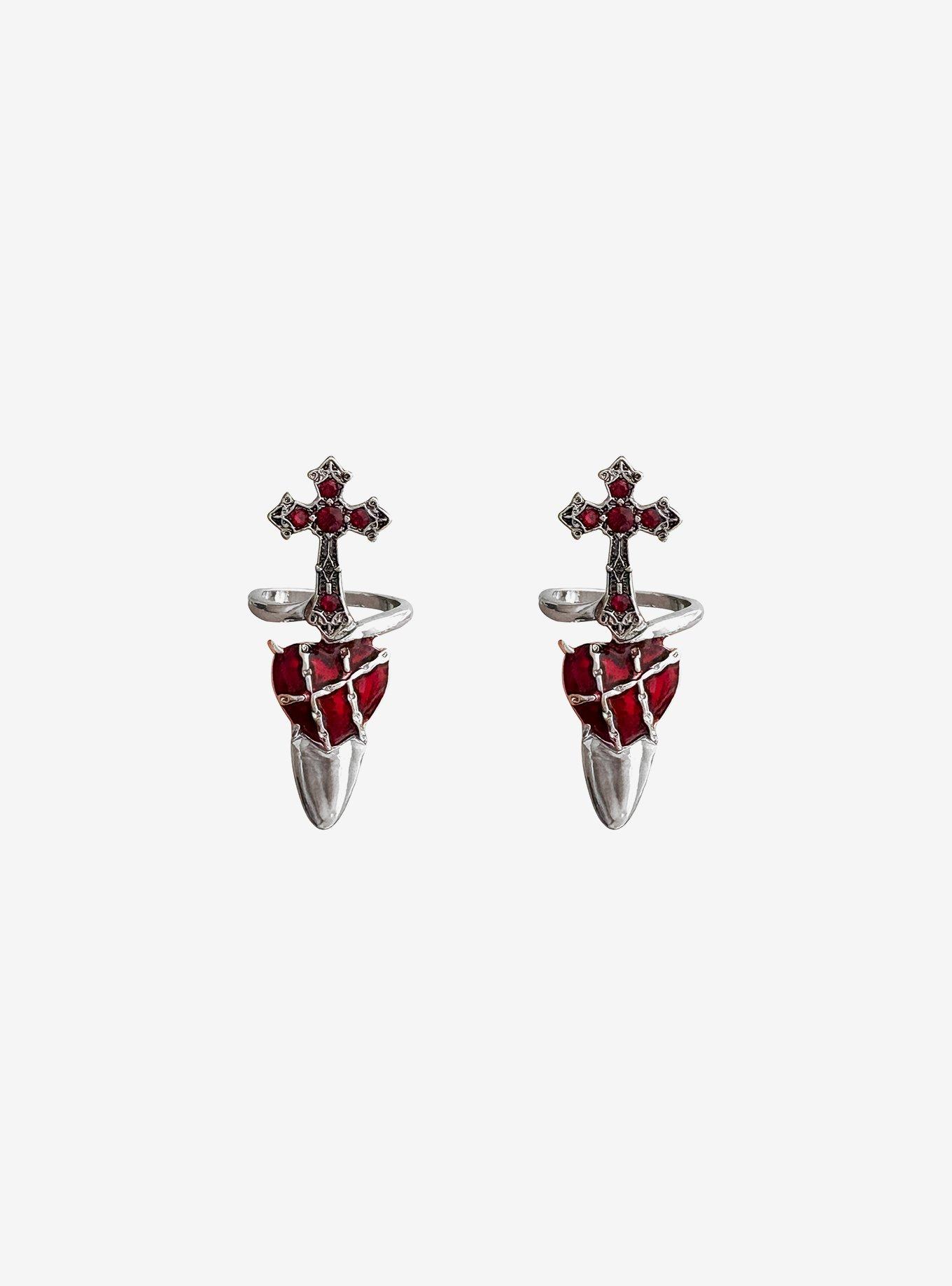 Gothic Cross & Barbed Wire Heart Nail Ring Set, , hi-res