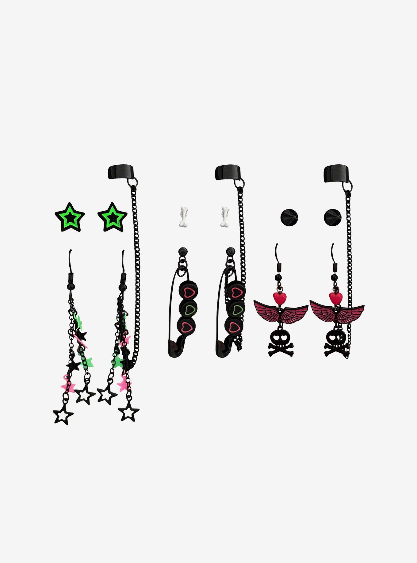 Black & Neon Star Skull Wing Cuff Earring Set, , hi-res