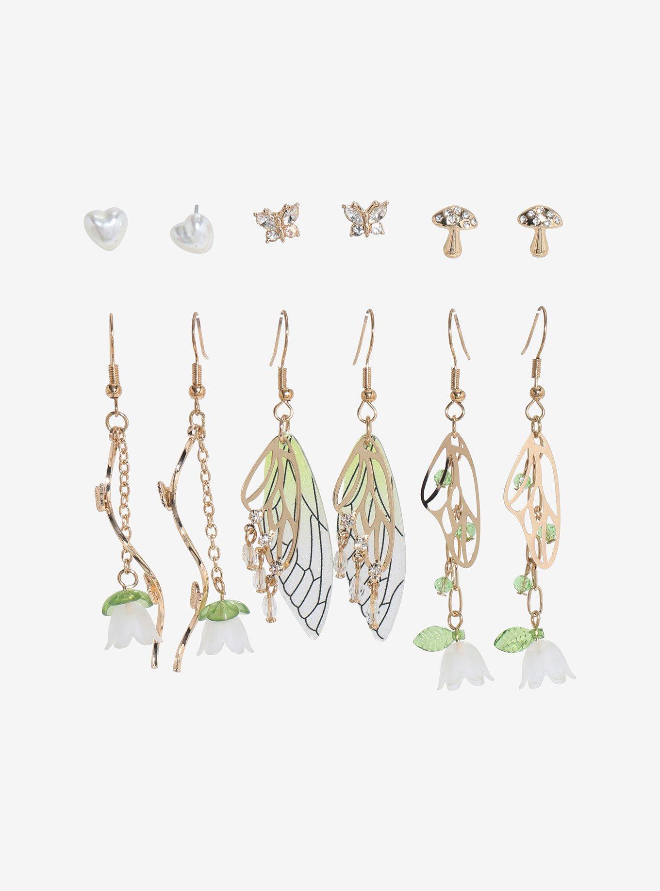 Thorn & Fable Green Floral Butterfly Earring Set, , hi-res