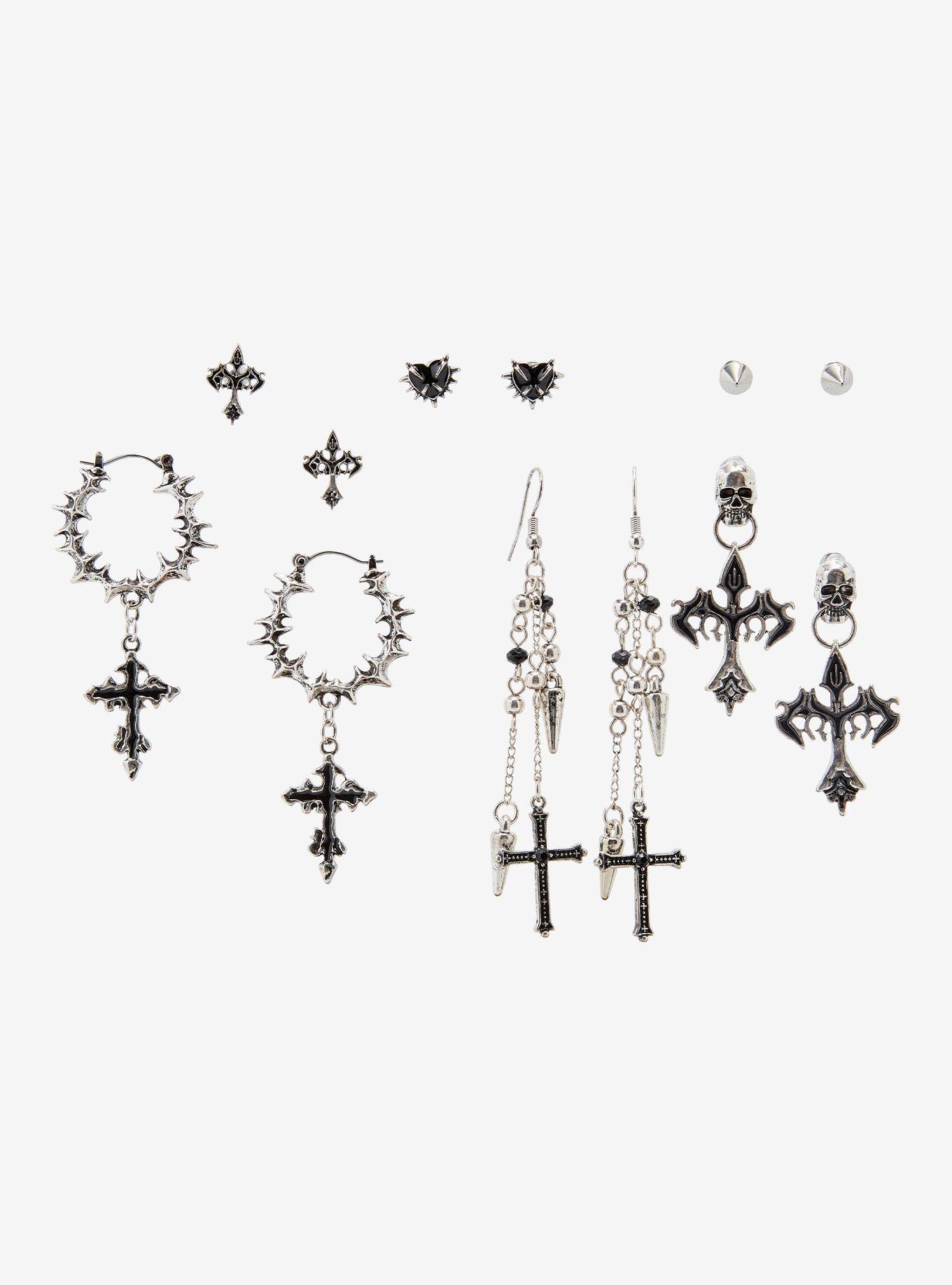 Gothic Cross Spike Heart Earring Set, , hi-res