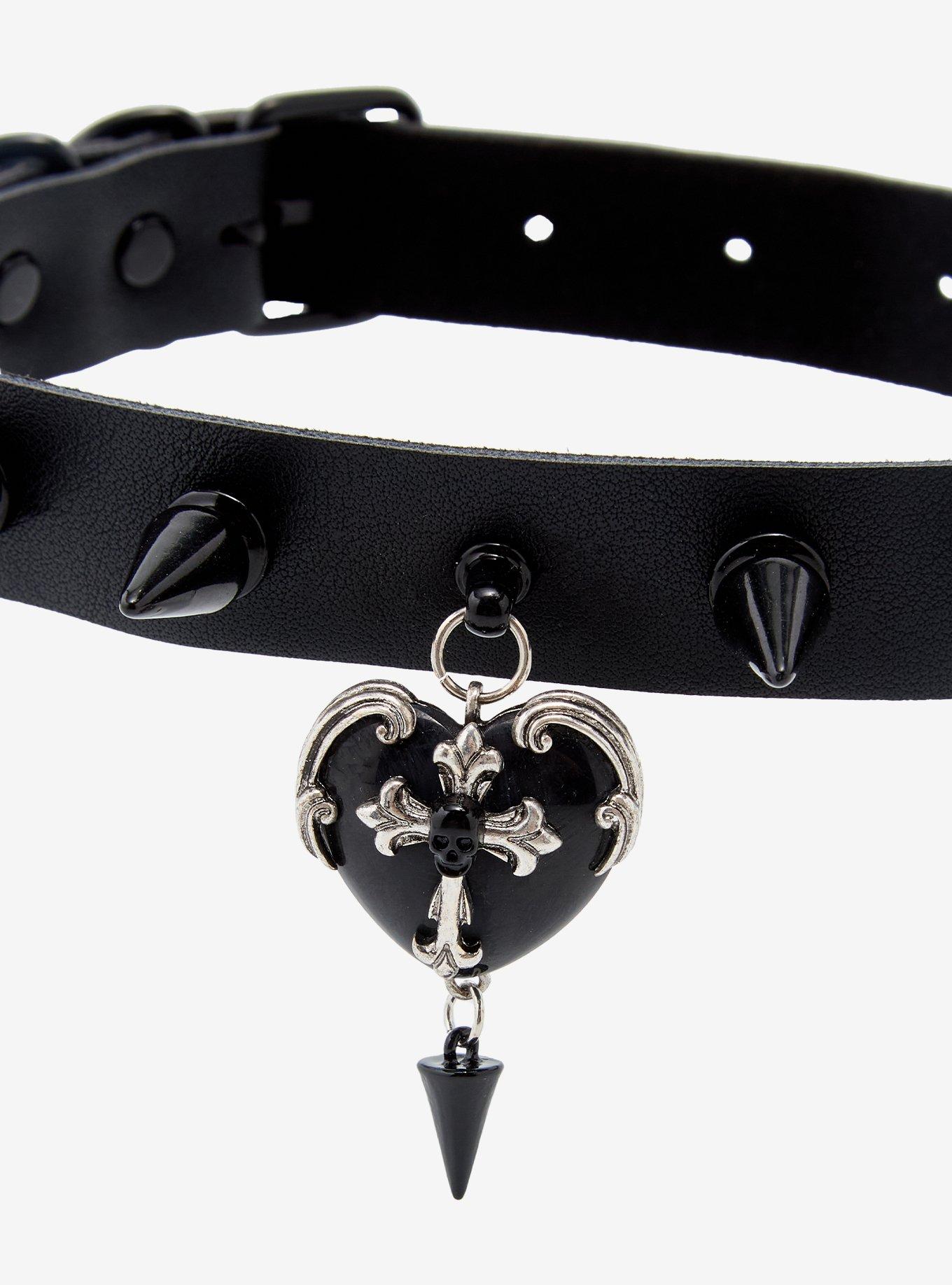 Black Spike Heart Cross Choker, , alternate