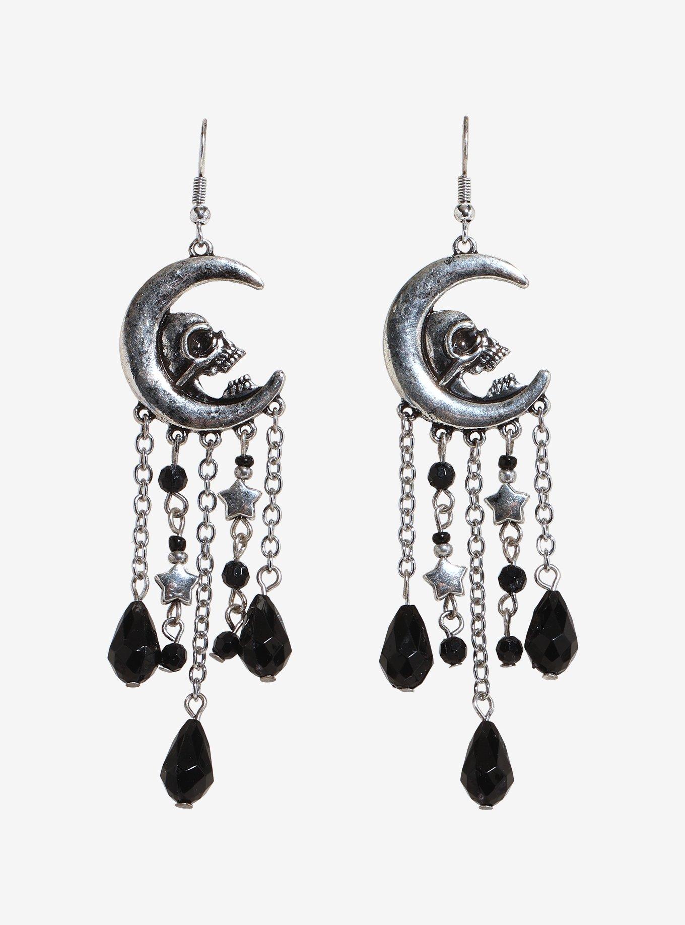 Cosmic Aura Skull Moon Gem Drop Earrings, , hi-res