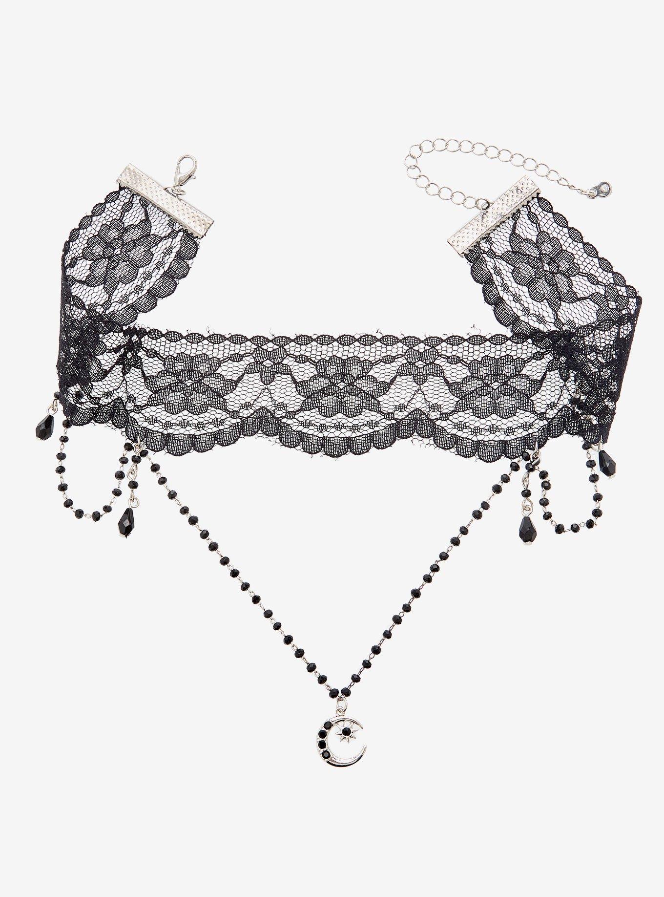 Cosmic Aura Black Lace Celestial Draped Charm Choker, , hi-res