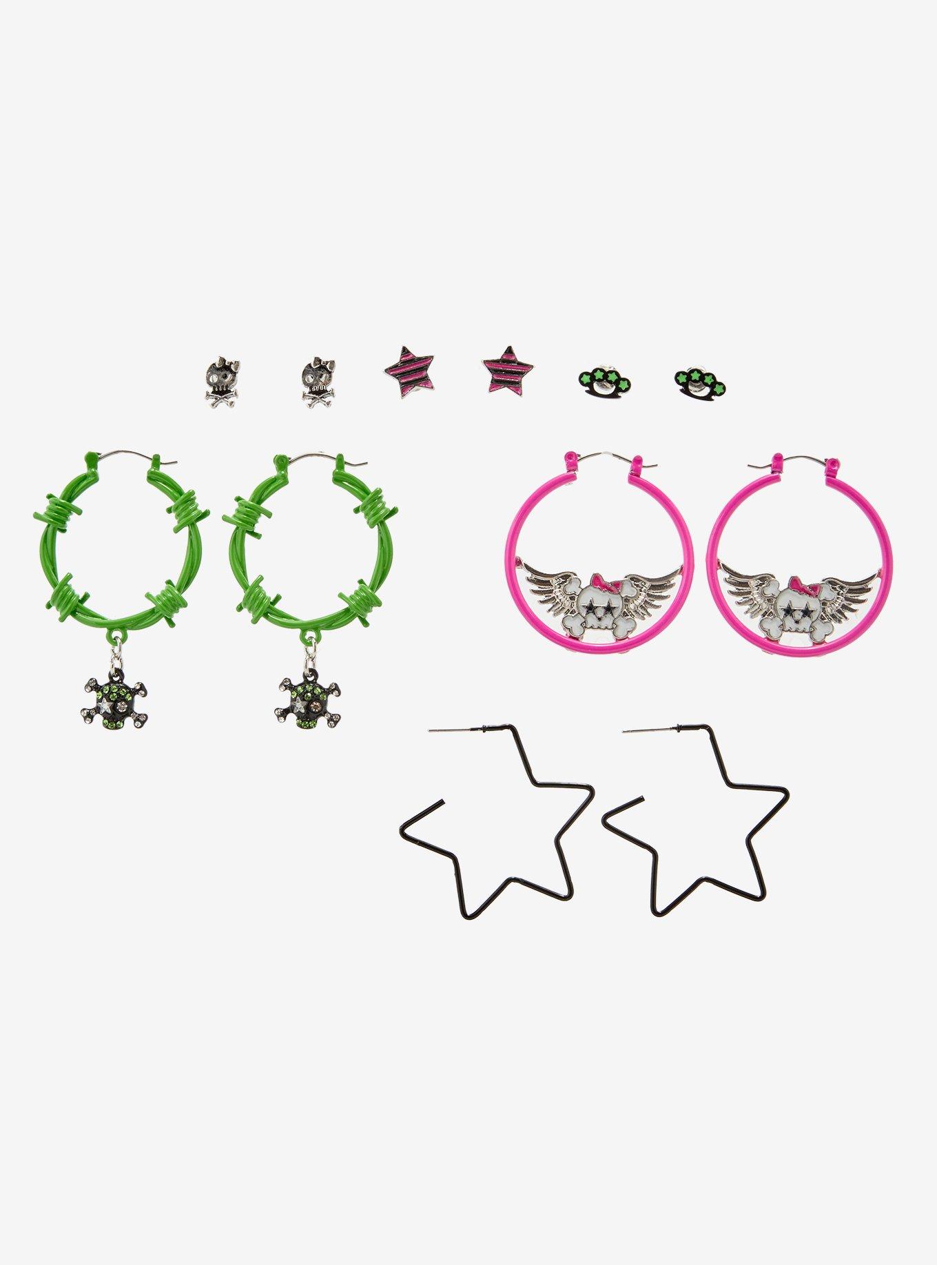 Black & Neon Skull Star Barbed Wire Earring Set, , hi-res