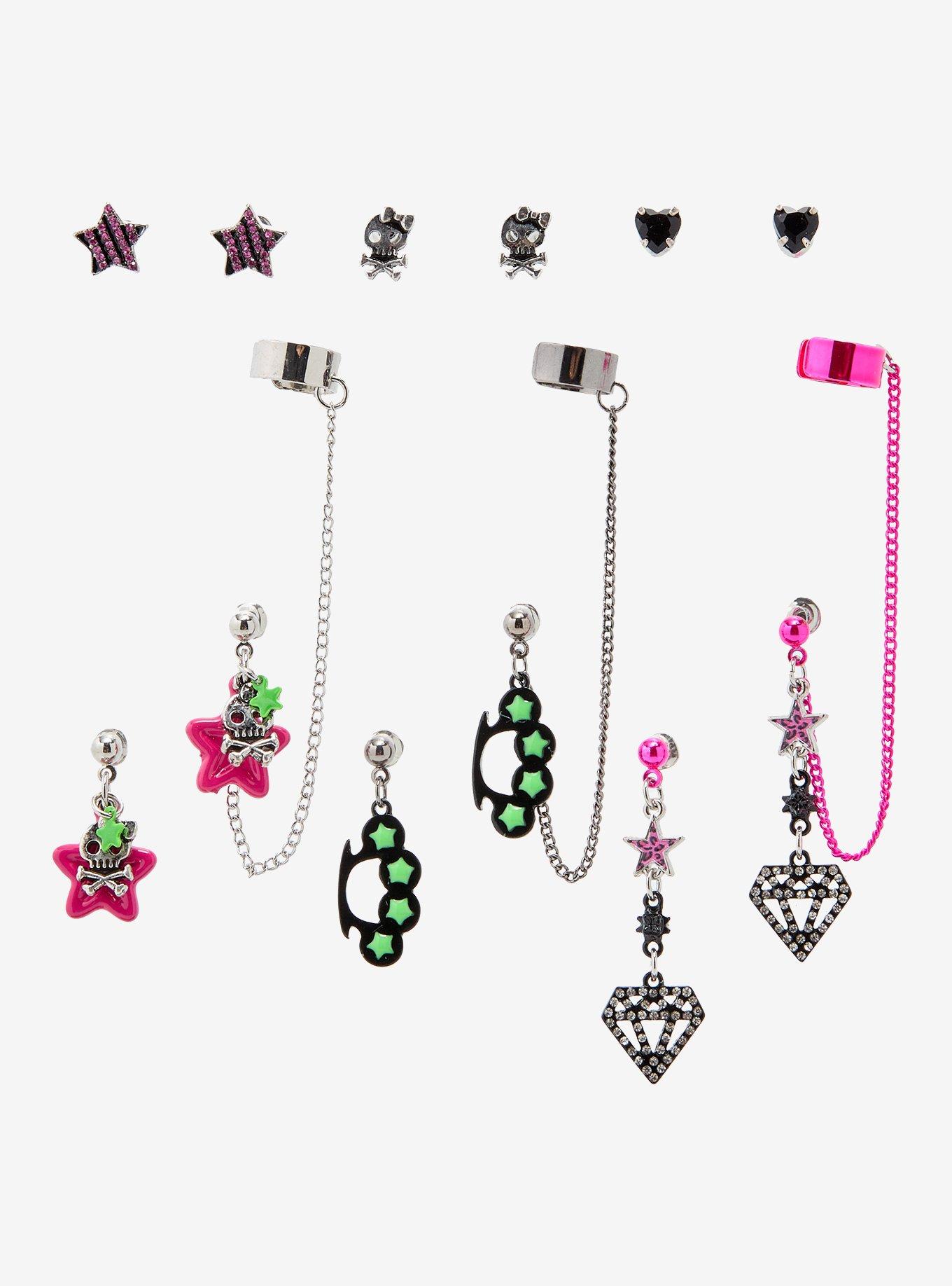 Neon Green & Pink Skull Diamond Star Cuff Earring Set, , hi-res