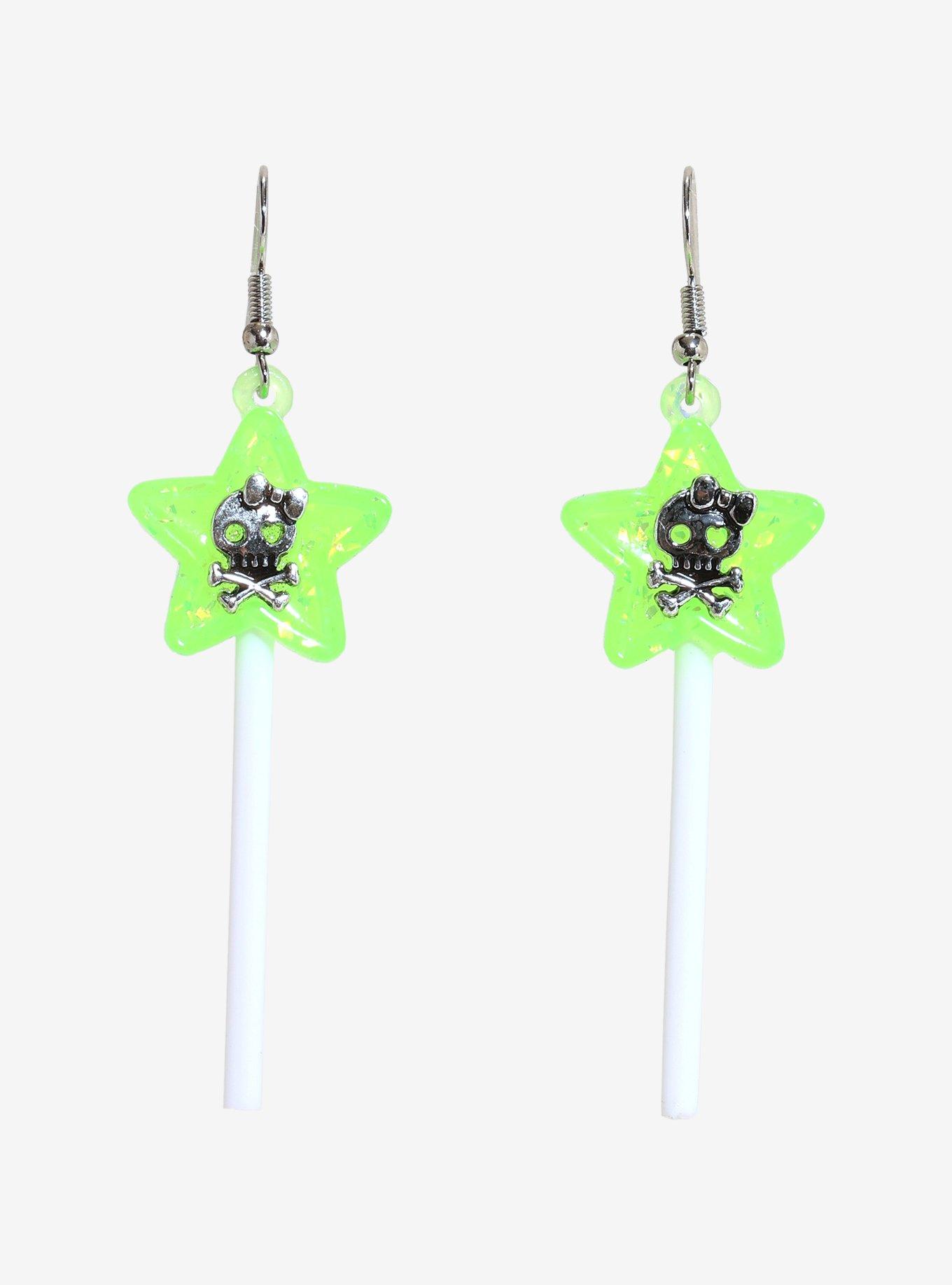 Neon Green Skull Star Lollipop Earrings, , hi-res