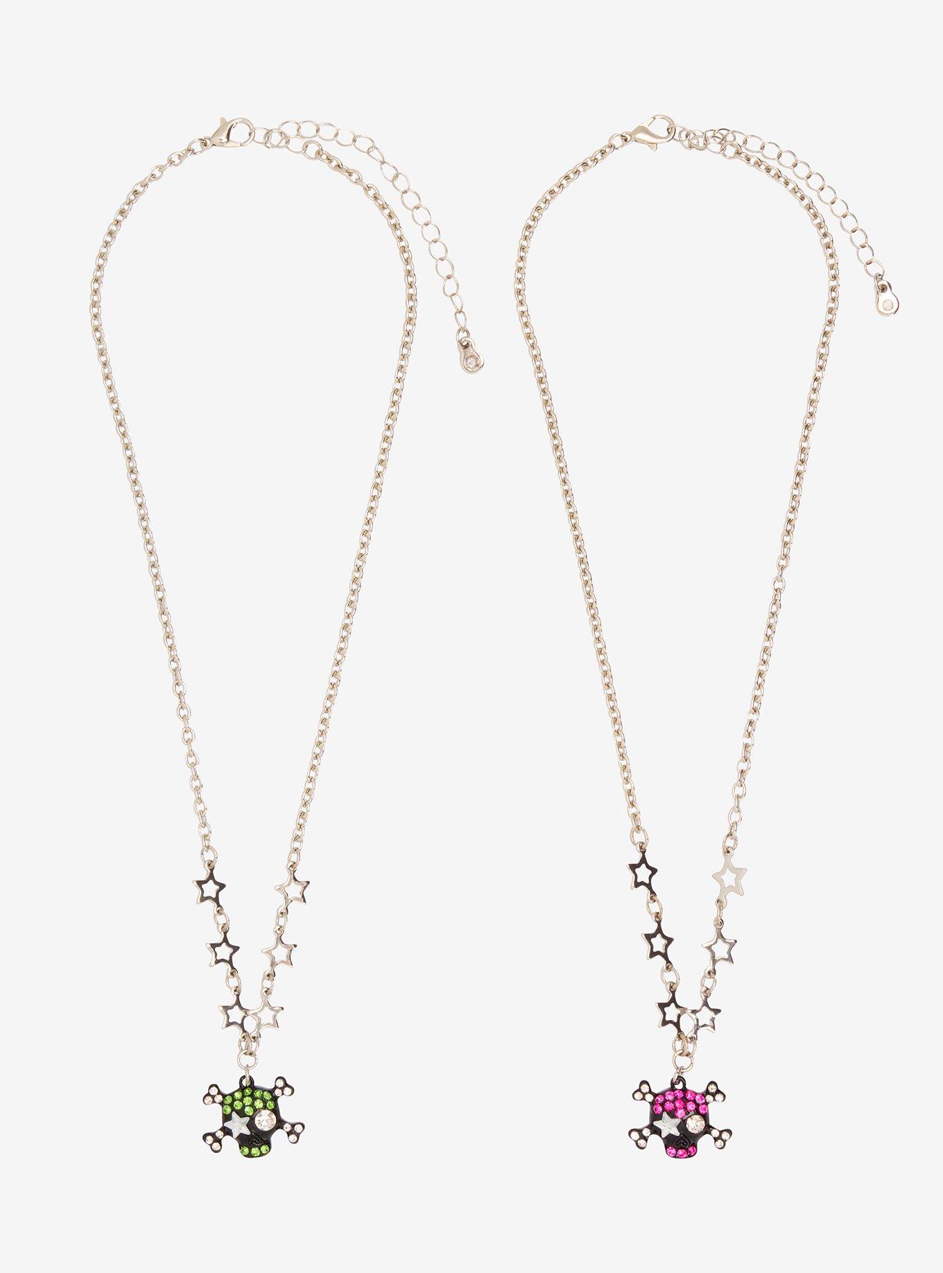 Pink & Green Bling Skull & Crossbones Best Friend Necklace Set, , hi-res