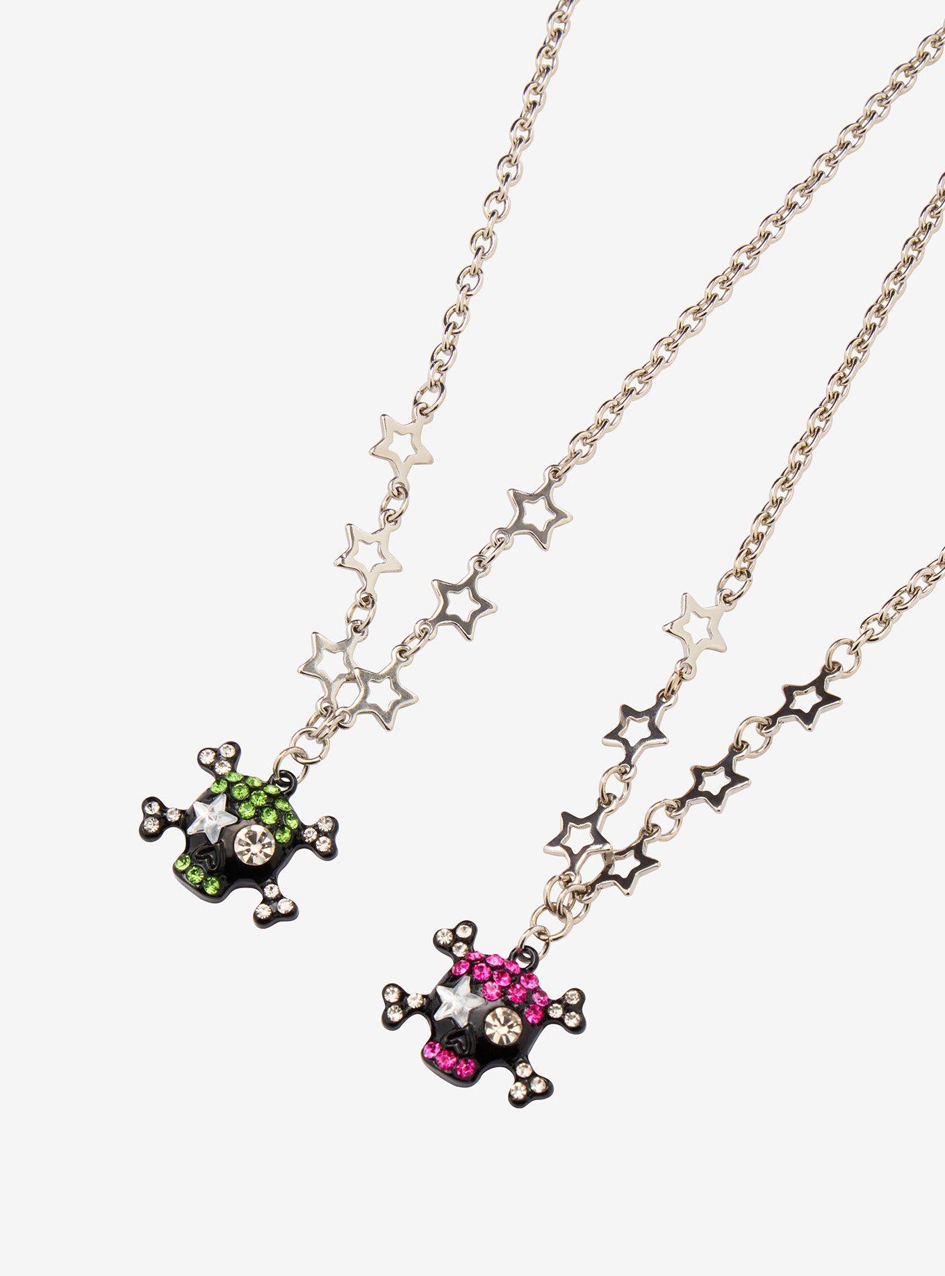 Pink & Green Bling Skull & Crossbones Best Friend Necklace Set, , alternate