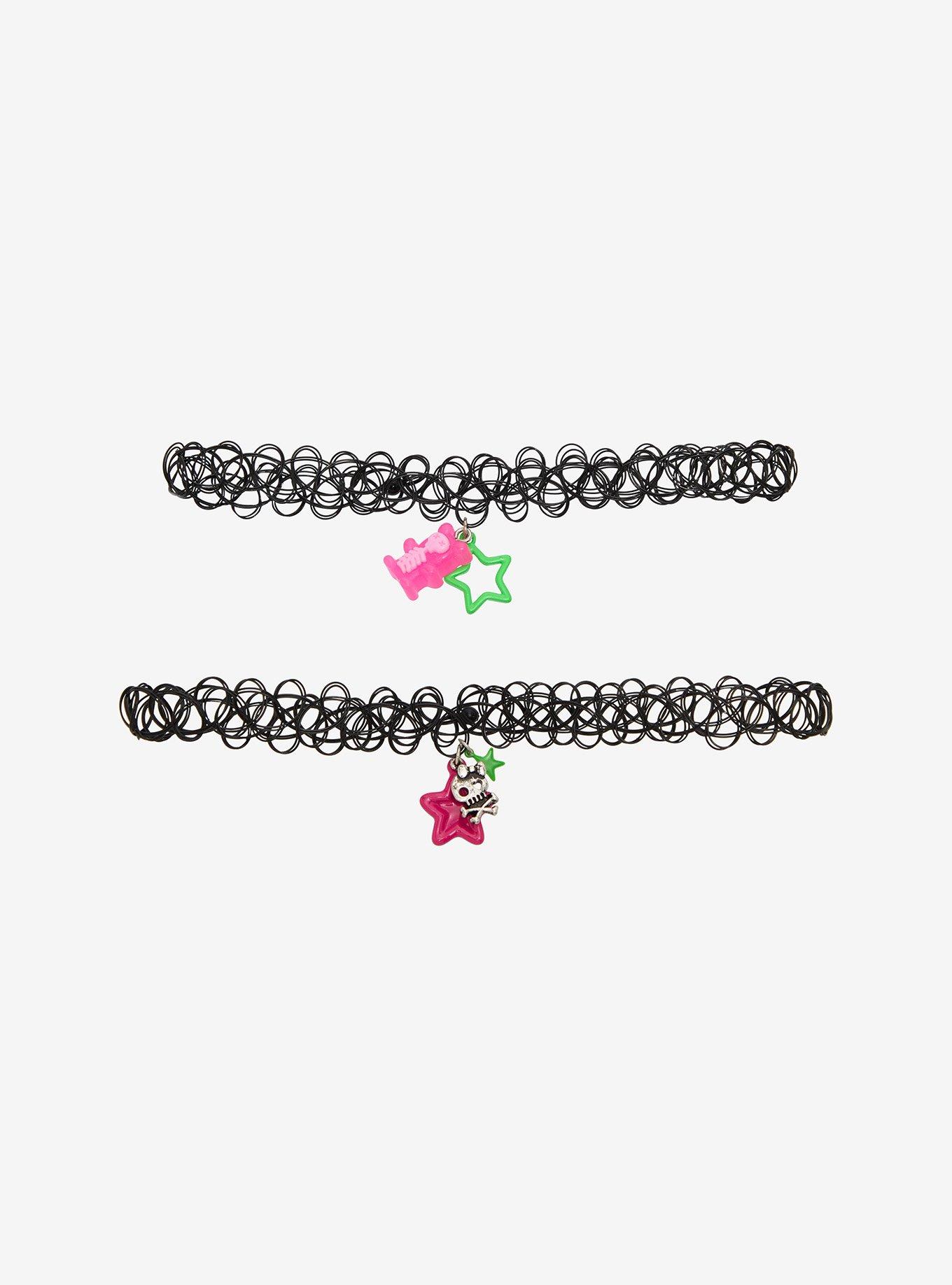 Pink & Green Star Skull Bear Tattoo Choker Set, , hi-res