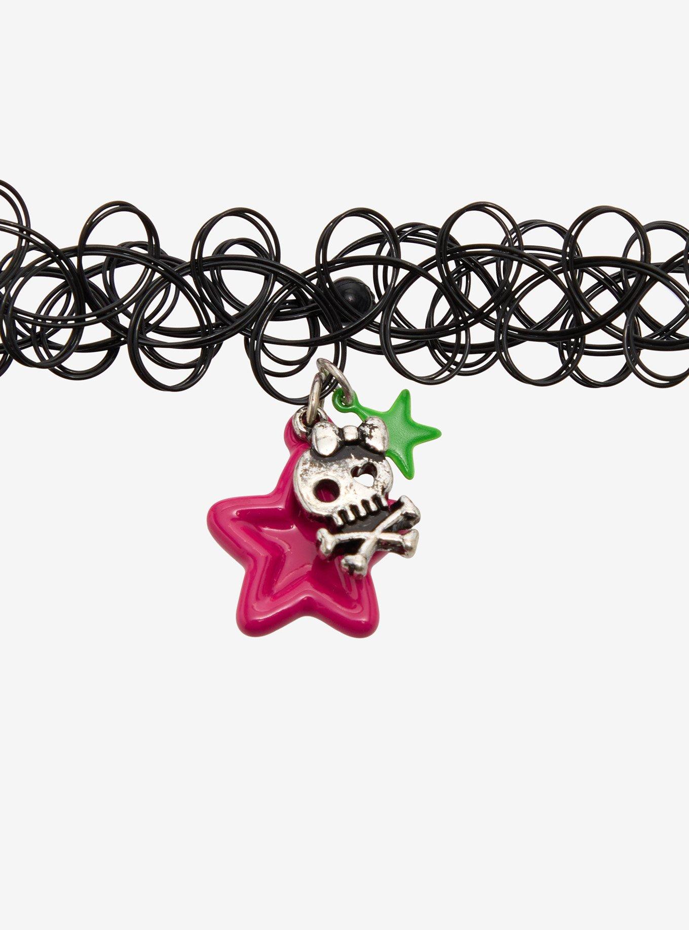Pink & Green Star Skull Bear Tattoo Choker Set, , alternate