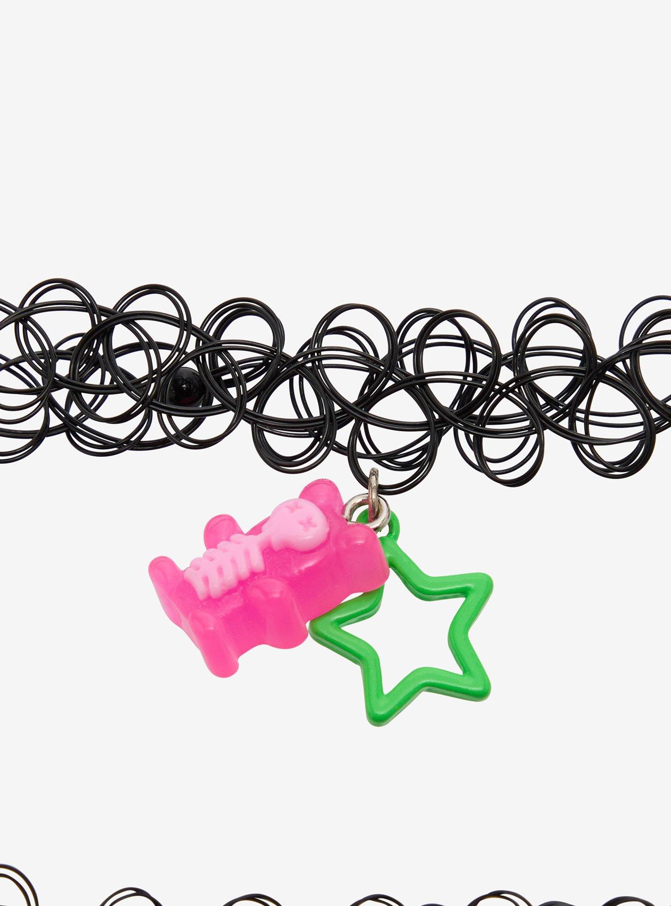 Pink & Green Star Skull Bear Tattoo Choker Set, , alternate