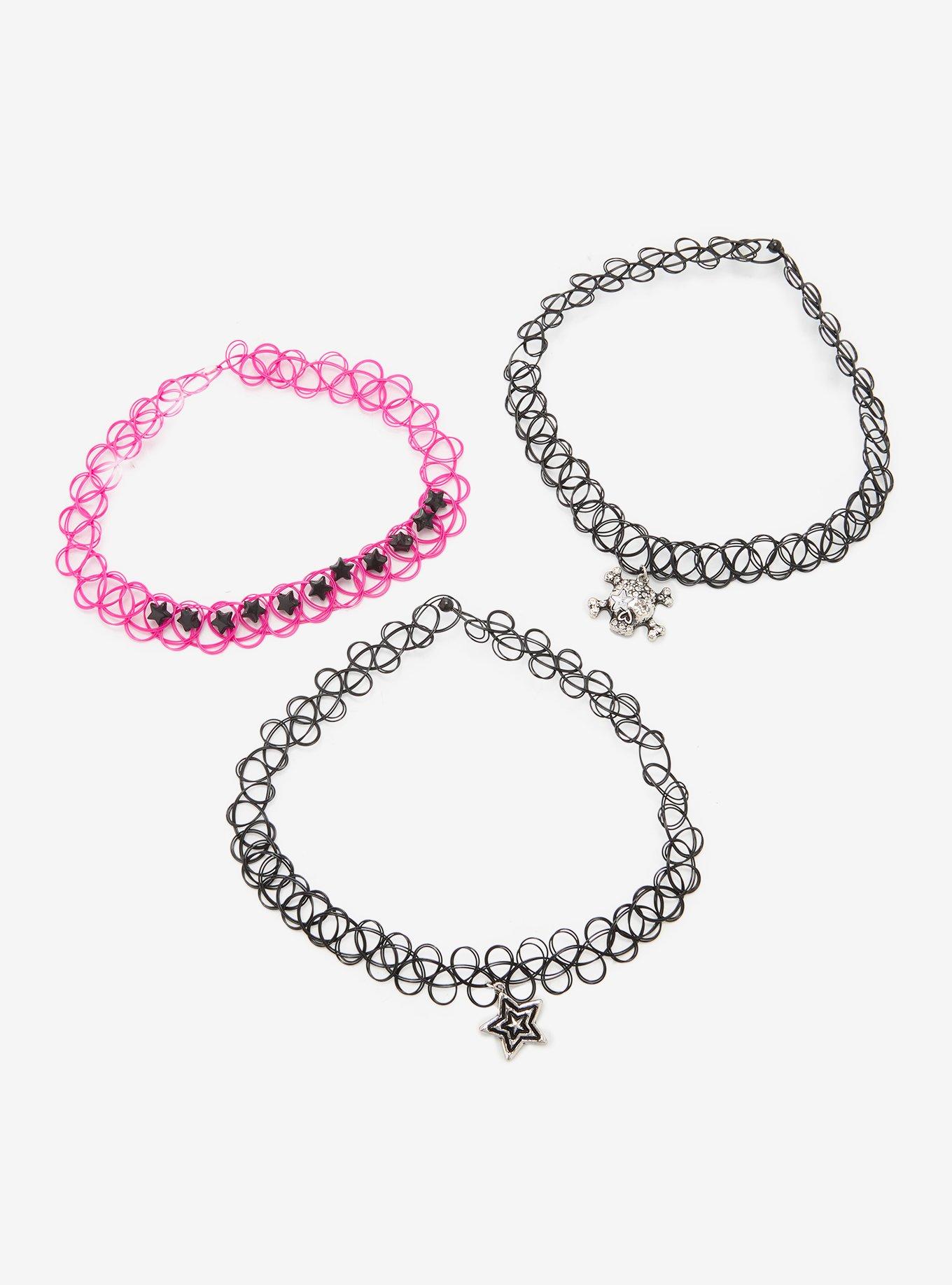 Neon Pink Skull Star Tattoo Choker Set, , hi-res