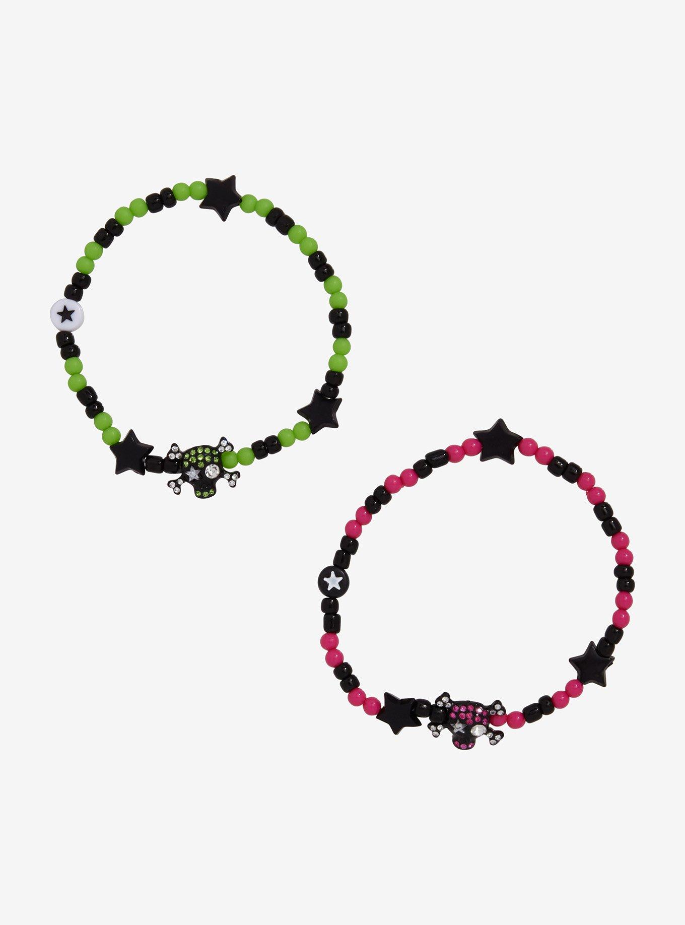 Neon Pink & Green Skull Best Friend Bead Bracelet Set, , hi-res