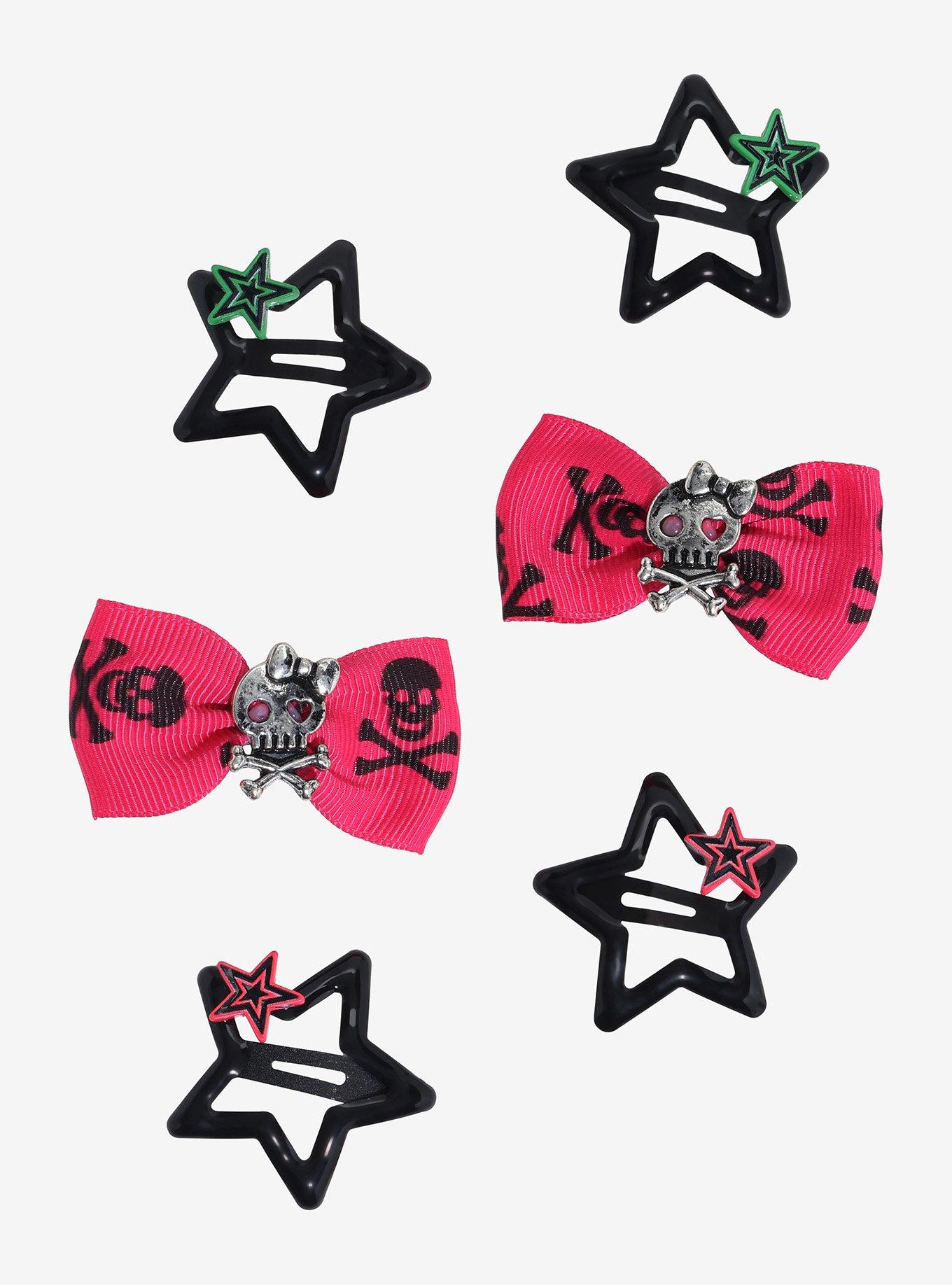 Emo Neon Star Skull Bow Hair Clip Set, , hi-res