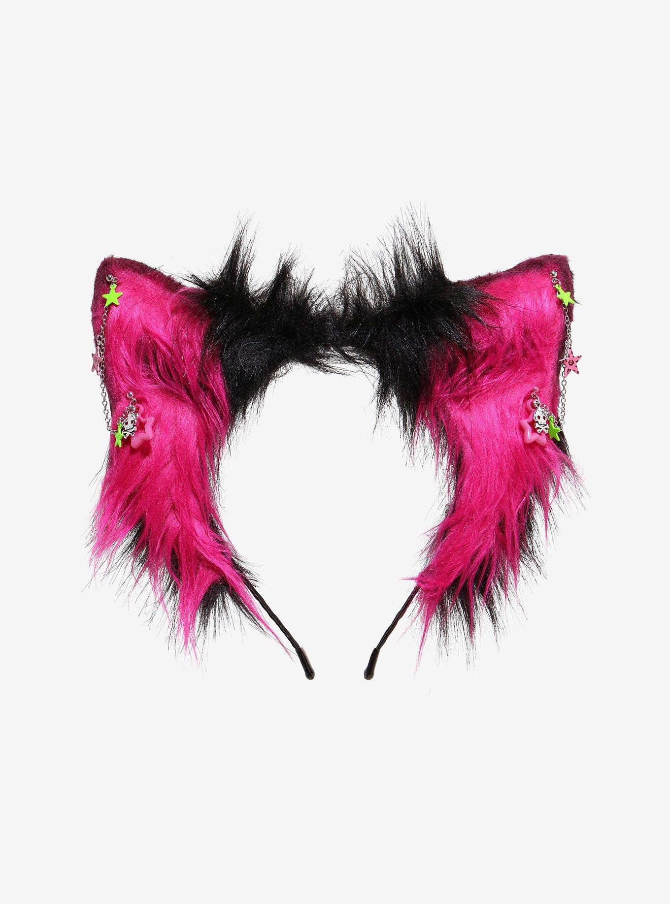 Pink & Black Skulls & Stars Fuzzy Cat Ear Headband, , alternate