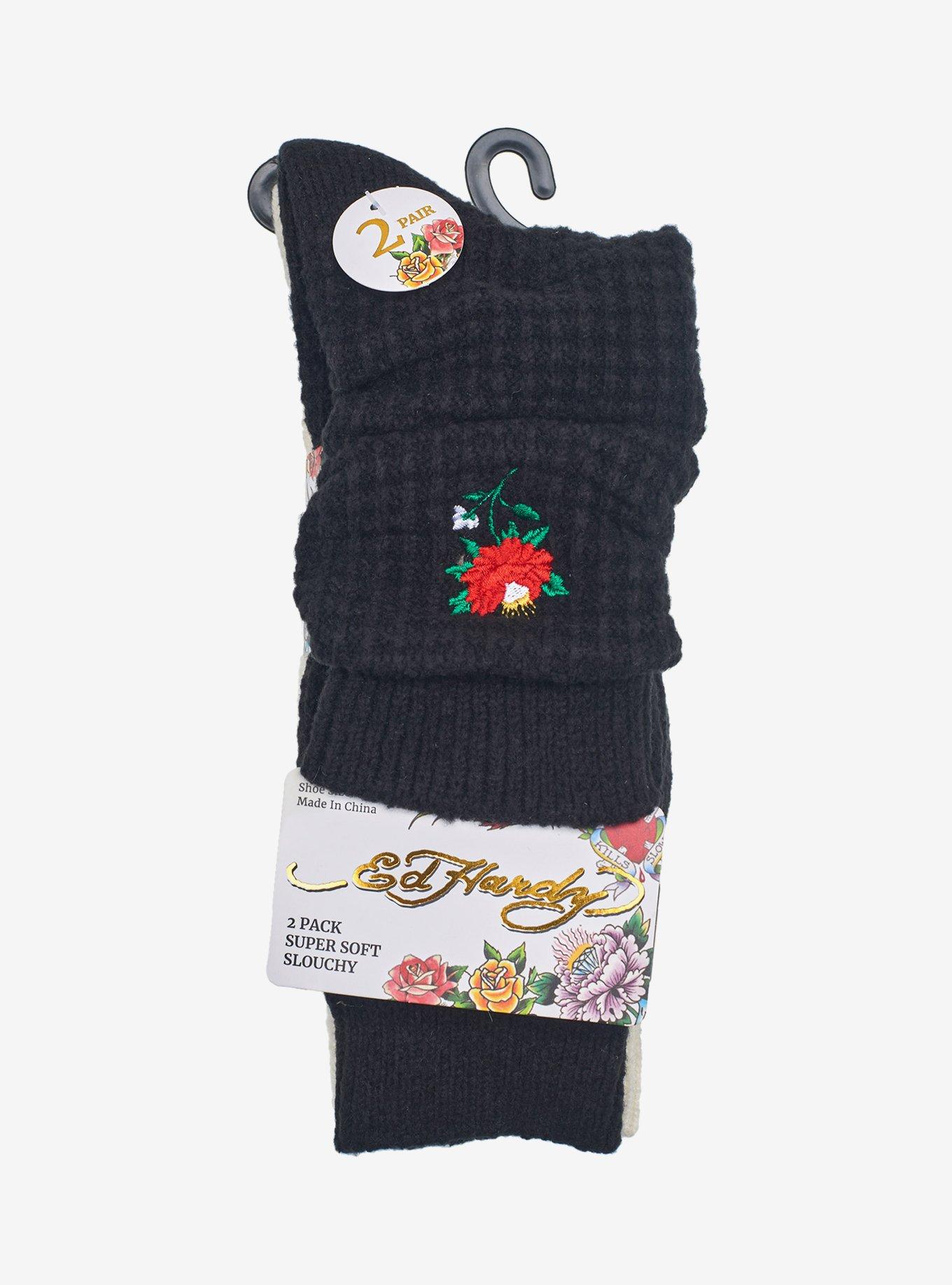 Ed Hardy Ladies SS Embroidered Rose Waffle Slouchy 2-Pack Socks, , alternate