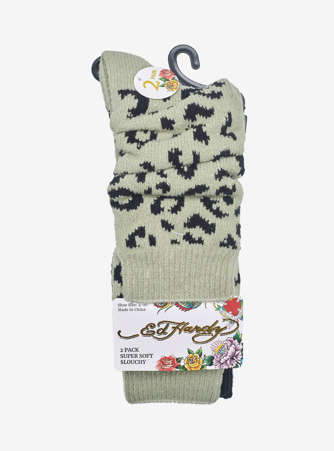 Ed Hardy Ladies SS Leopard Waffle Mid Calf Slouchy 2-Pack Socks, , alternate