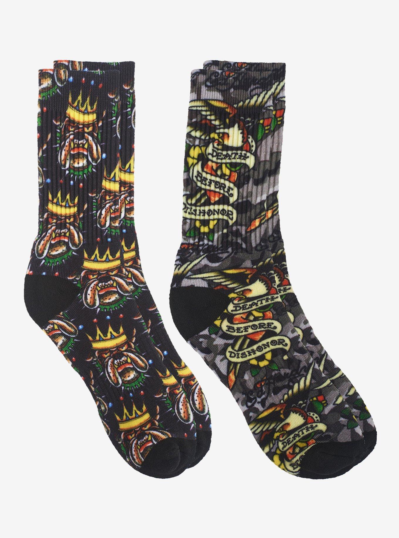 Ed Hardy Bulldog Eagle 360 Printed Crew 2-Pack Men's Socks, , alternate